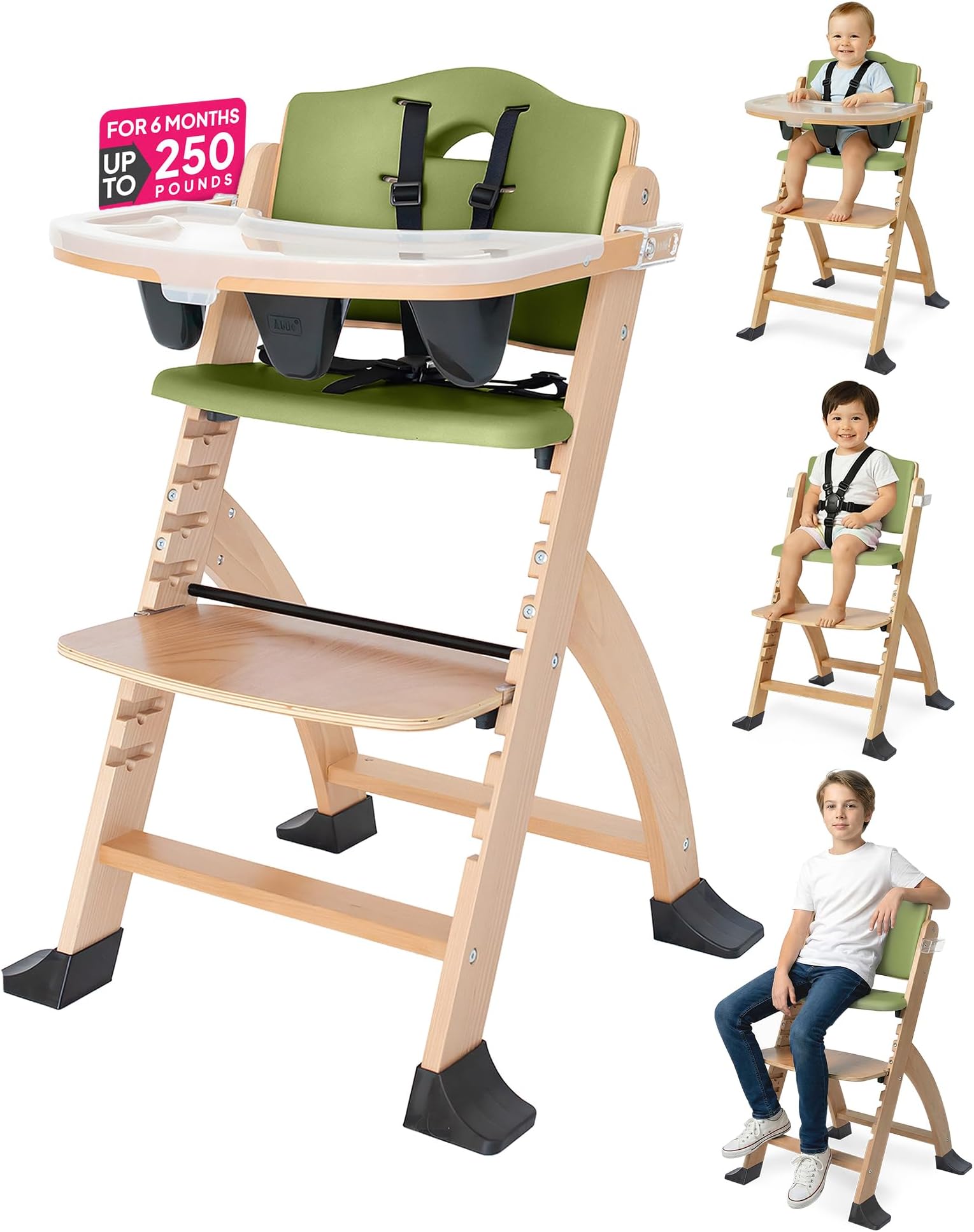 Beyond Junior Wooden High Chair with Tray - Adjustable and Convertible High Chair for Babies and Toddlers - 6 Months to 250 Lb - Water Resistant - Natural Wood/Olive Cushion