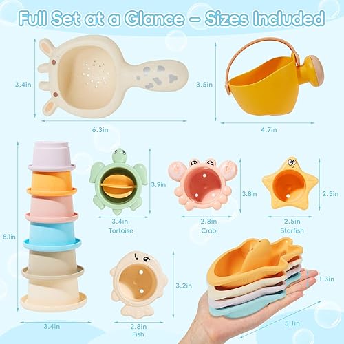 Miniatura 5 de Juguetes de baño para niños de 1 a 3 años, 16 unidades | Juguetes de baño fáciles de limpiar y sin moho para bebés con tazas apilables | Regadera,