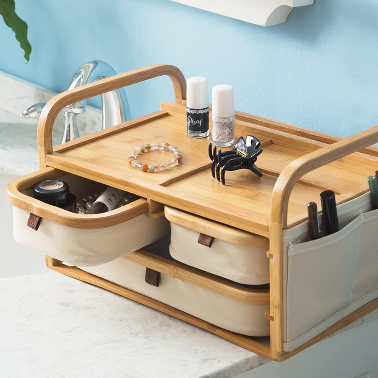 Cassetto di bambù Organizzatore Trucchi,Multi-Funzione Legno Organizzatore Cosmetico,Grande capacità Porta Trucchi Organizer per La Cura della Pelle Vanity Bagno-B 35x23x20.5cm(14x9x8inch)