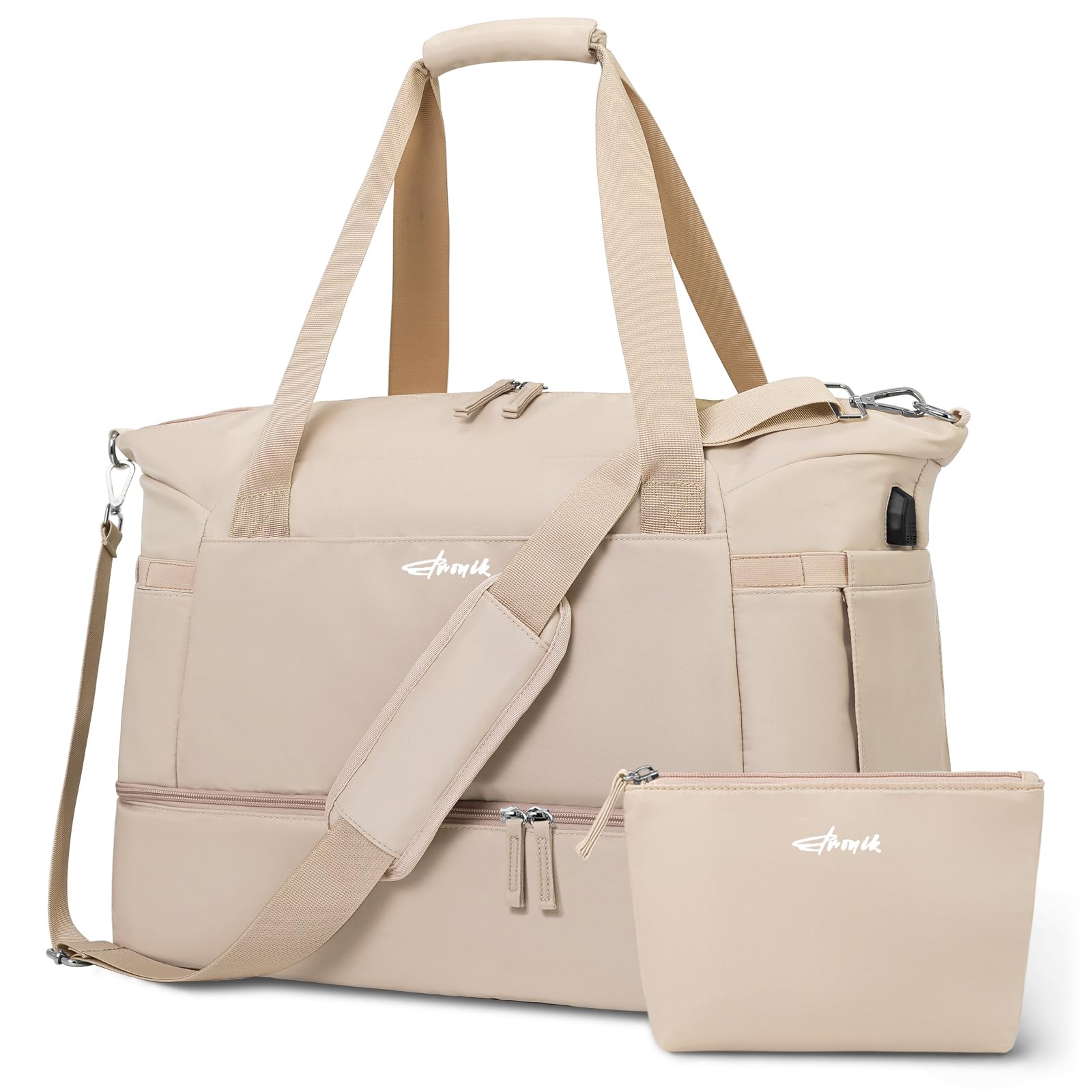 ETRONIK Gym Bag for Women, 45L Carry On Travel Duffel Bag with Shoes Compartment, Weekender Overnight Bag with Wet Pocket & USB Charging Port for Women, Travel, Gym, Weekend, Large Size (Beige)