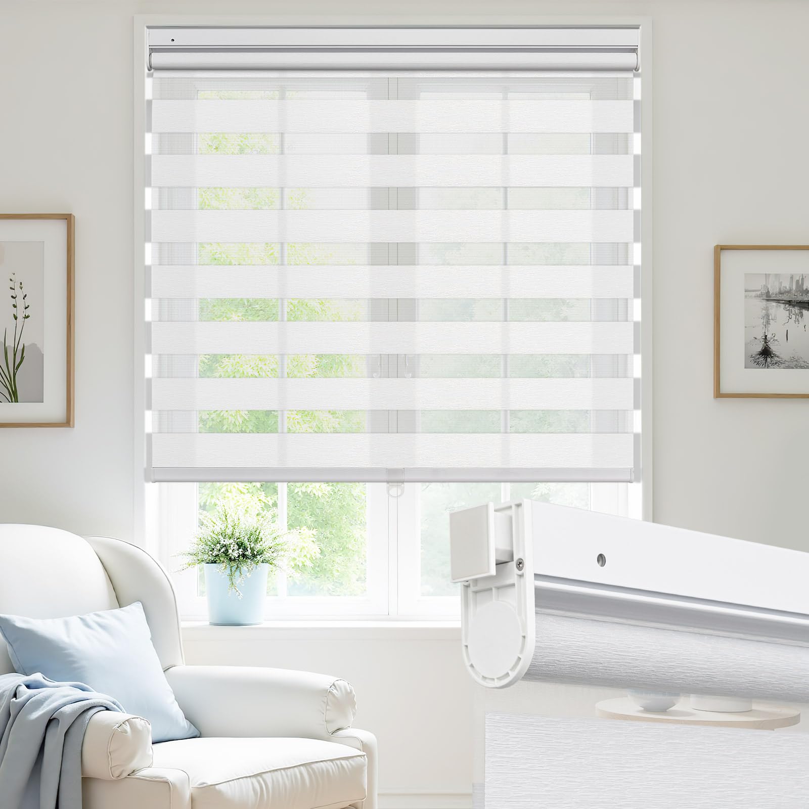 UrMoon No Drill Zebra Blinds No Tools Zebra Shades Cordless Roller Shades for Windows Dual Layer Roller Blinds Room Darkening Custom Size for Indoor,