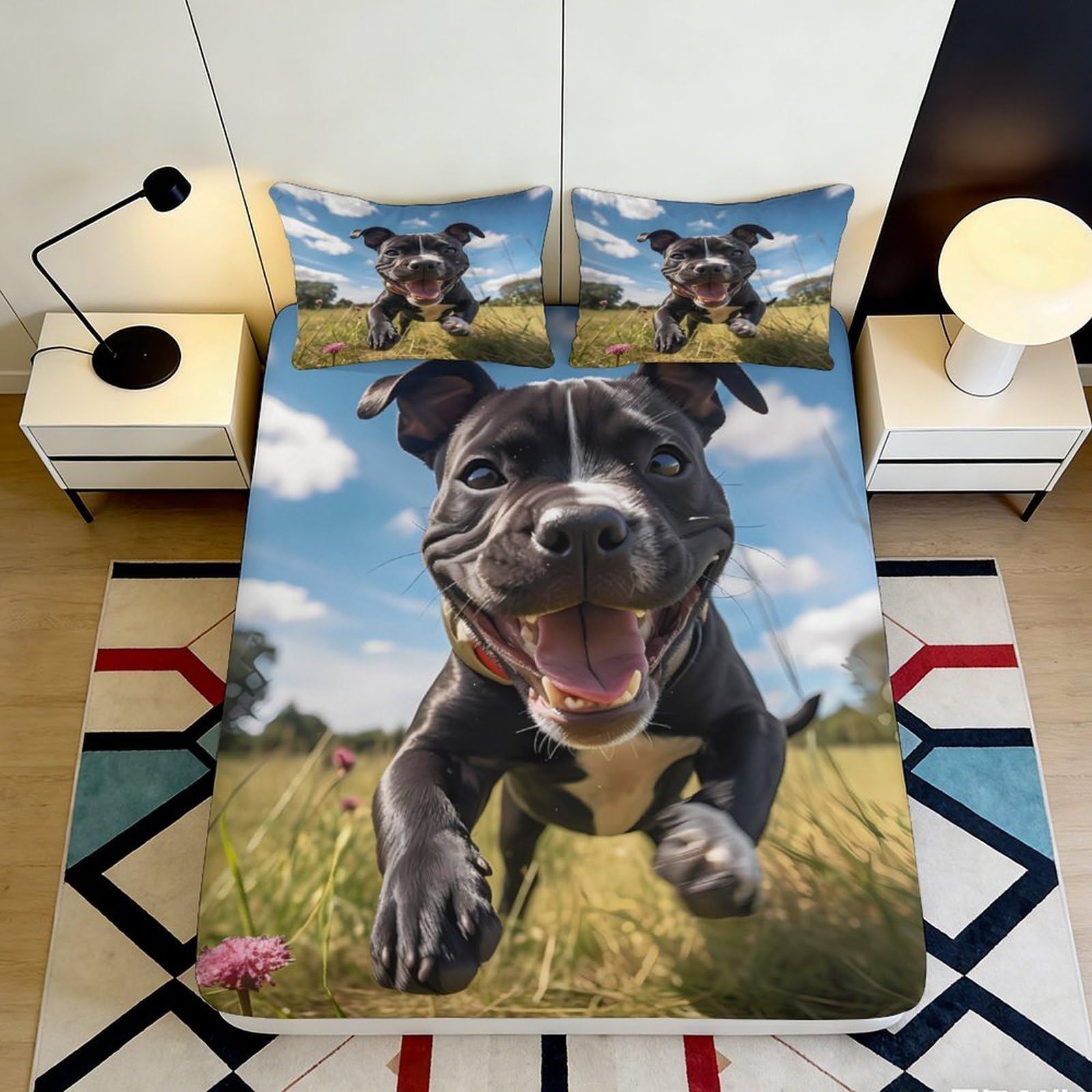 3D Printed Happy Dog Field Fitted Sheet Microfiber Anti-Slip Bed Cover Machine Washable for Bedroom Guestroom Decor 120x200x25cm