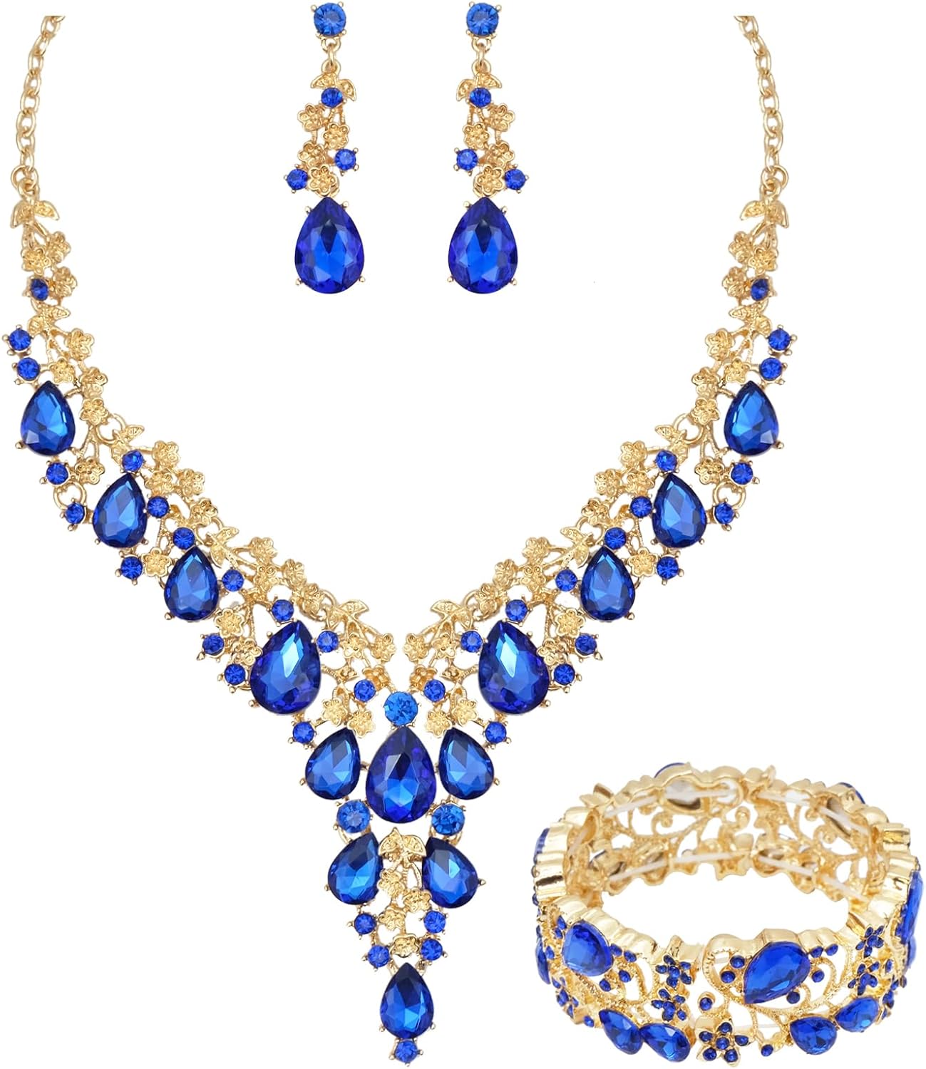 CSY Elegant Crystal Costume Jewelry Sets Flower Bridal Necklace Earrings Stretch Bangle Set for Bride Bridesmaid Wedding Dress Accessories