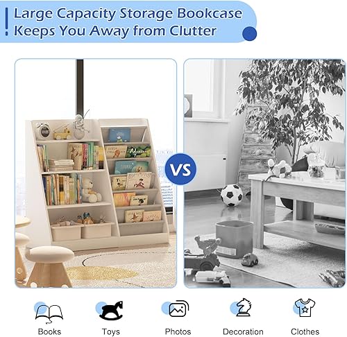 Miniatura 12 de Estantería de madera rosa de 4 niveles para niños, estantería de 5 capas, estante para libros de almacenamiento para bebés, organizador de juguetes