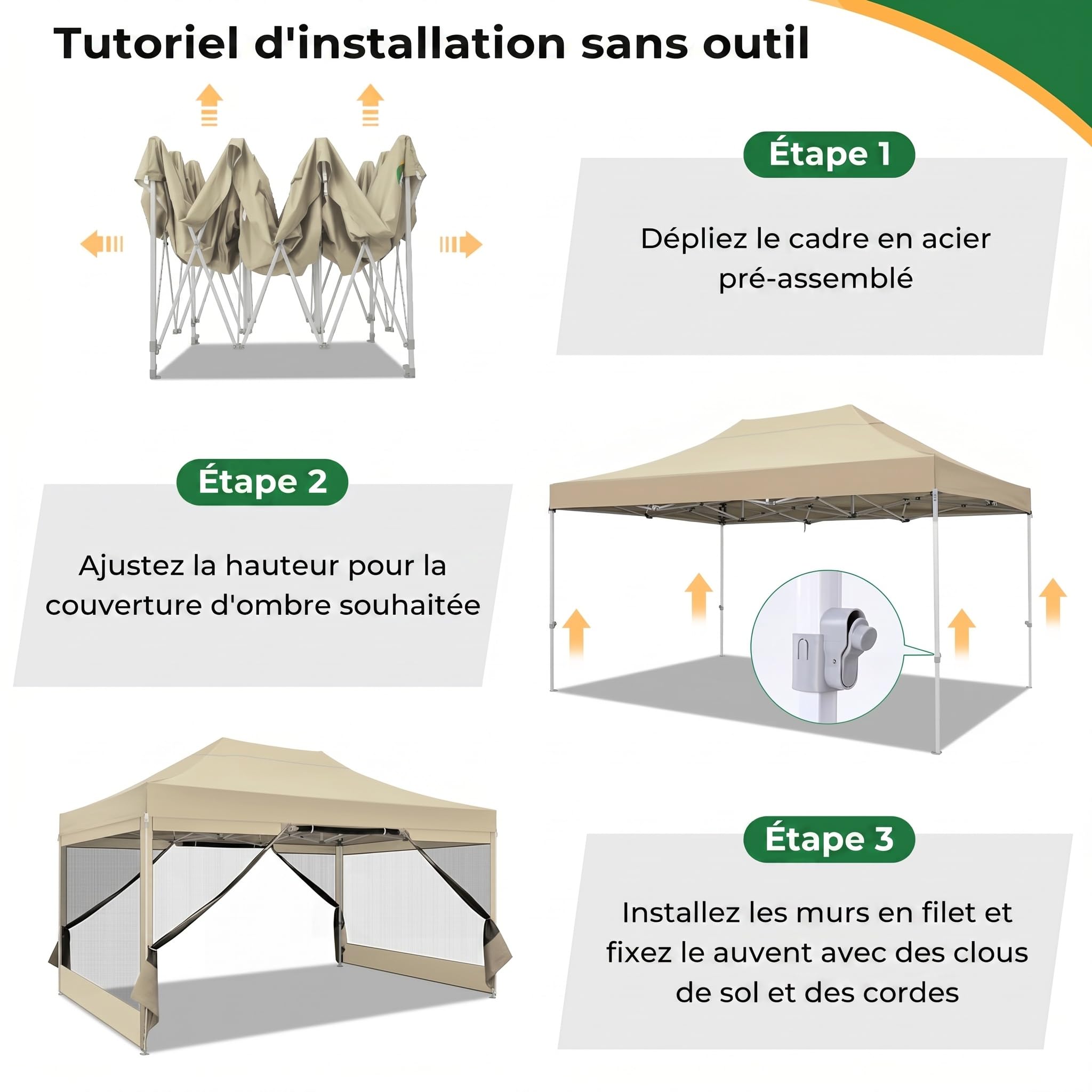 COBIZI Tonnelle de Jardin Pliante 3x4,5m, Tente de Réception Imperméable avec 4 Parois Moustiquaires, Barnum Pop-up en Acier Renforcé, Oxford 420D, Sac de Transport, Kaki