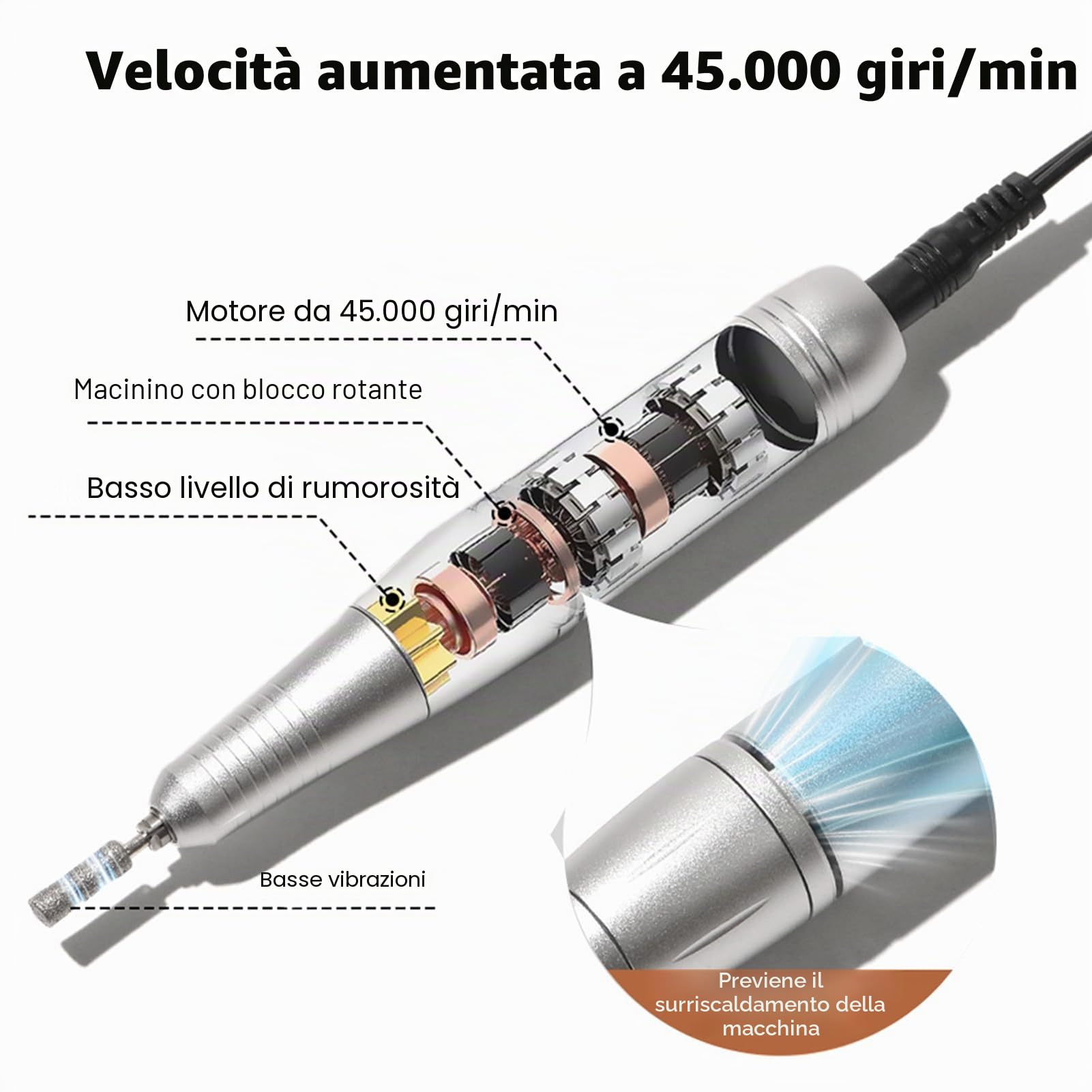 Fresa elettrica professionale, 45000 giri/min, fresa per unghie in gel, lima elettrica per unghie con lima per unghie, manicure, pedicure, set di accessori per uso domestico, saloni di unghie