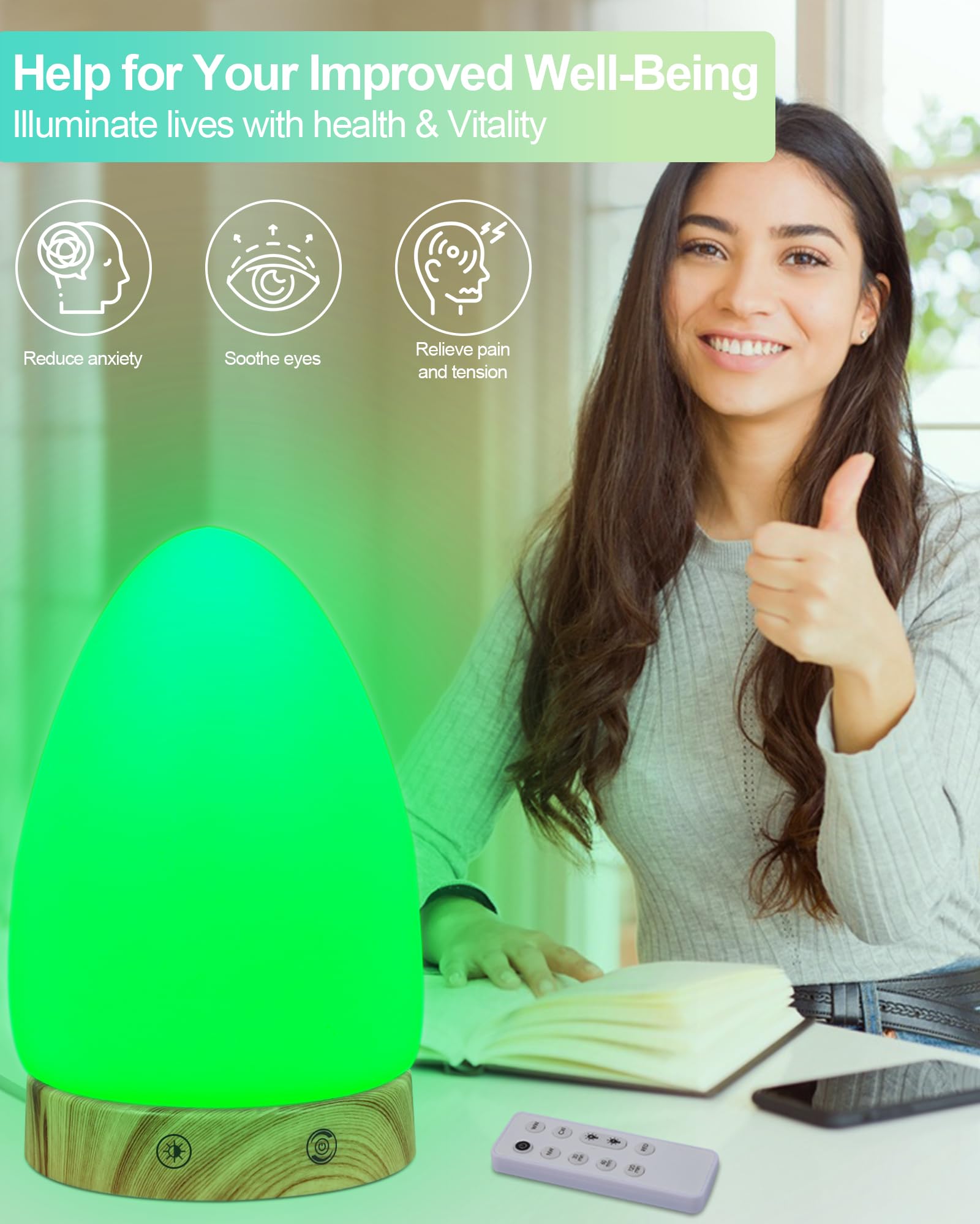 Lámpara de terapia de luz verde para migrañas, dolores de cabeza, insomnio, luz de sueño, sensibilidad, alivio de la ansiedad, 520 nm, banda estrecha, LED verde, multimodo, cálido, natural, luz blanca