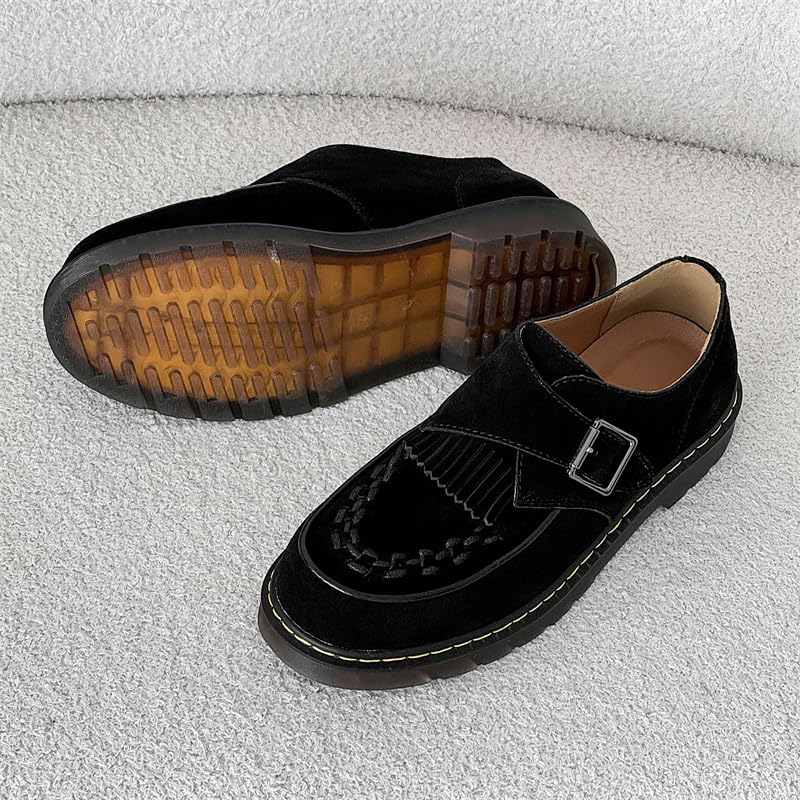 CONSON-KS Suede Monk Strap Loafers with Fringe Detail, Buckle Closure, Available in Black, Brown, Khaki3