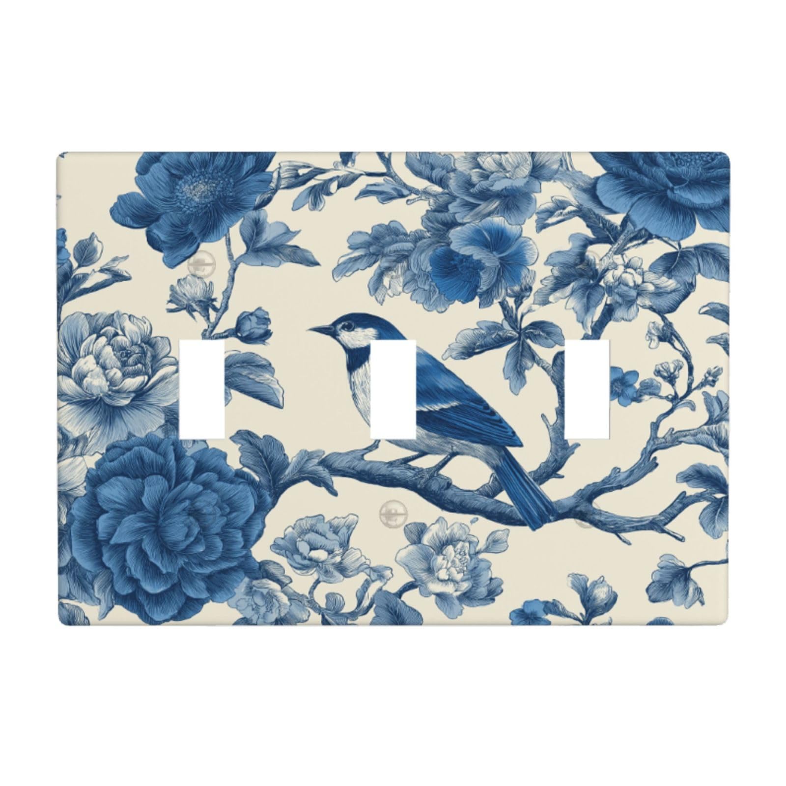 Woshuwo White Blue Bird On A Floral Branch Light Switch Covers 3 Gang Triple Toggle Wall Plate Switchplate Electrical Faceplate For Bathroom Kitchen Bedroom Decor