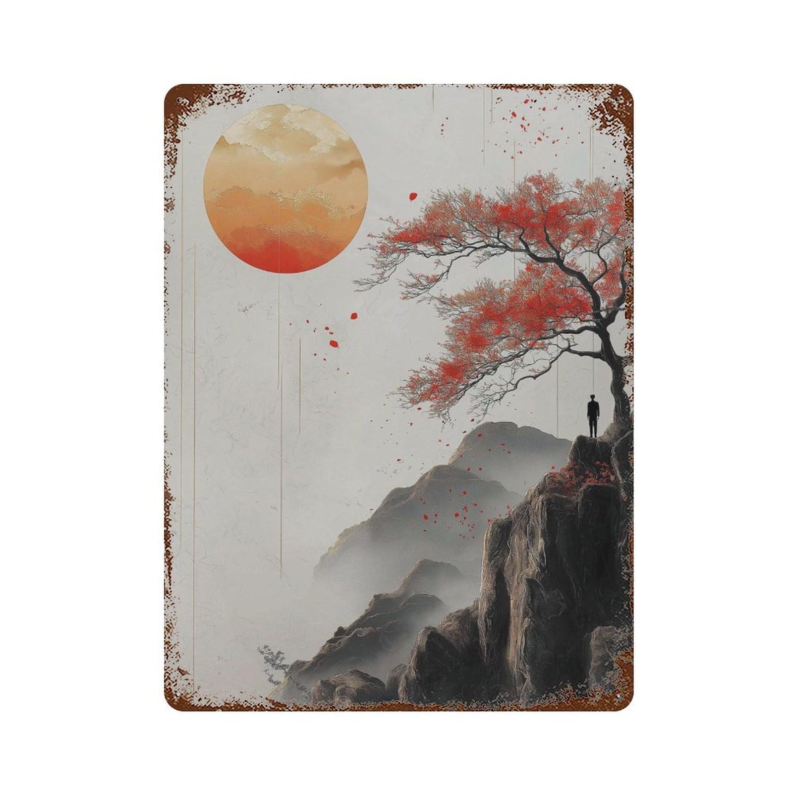 xiaoxiaoshen Japanese Red Tree Mountain Cliff Sun Landscape Asian Nature Minimal Zen Vertical Wall Decor Art Metal Tin Poster Modern Home Decor Art Home Bar Shop Decorations Vintage Sign 40x30cm