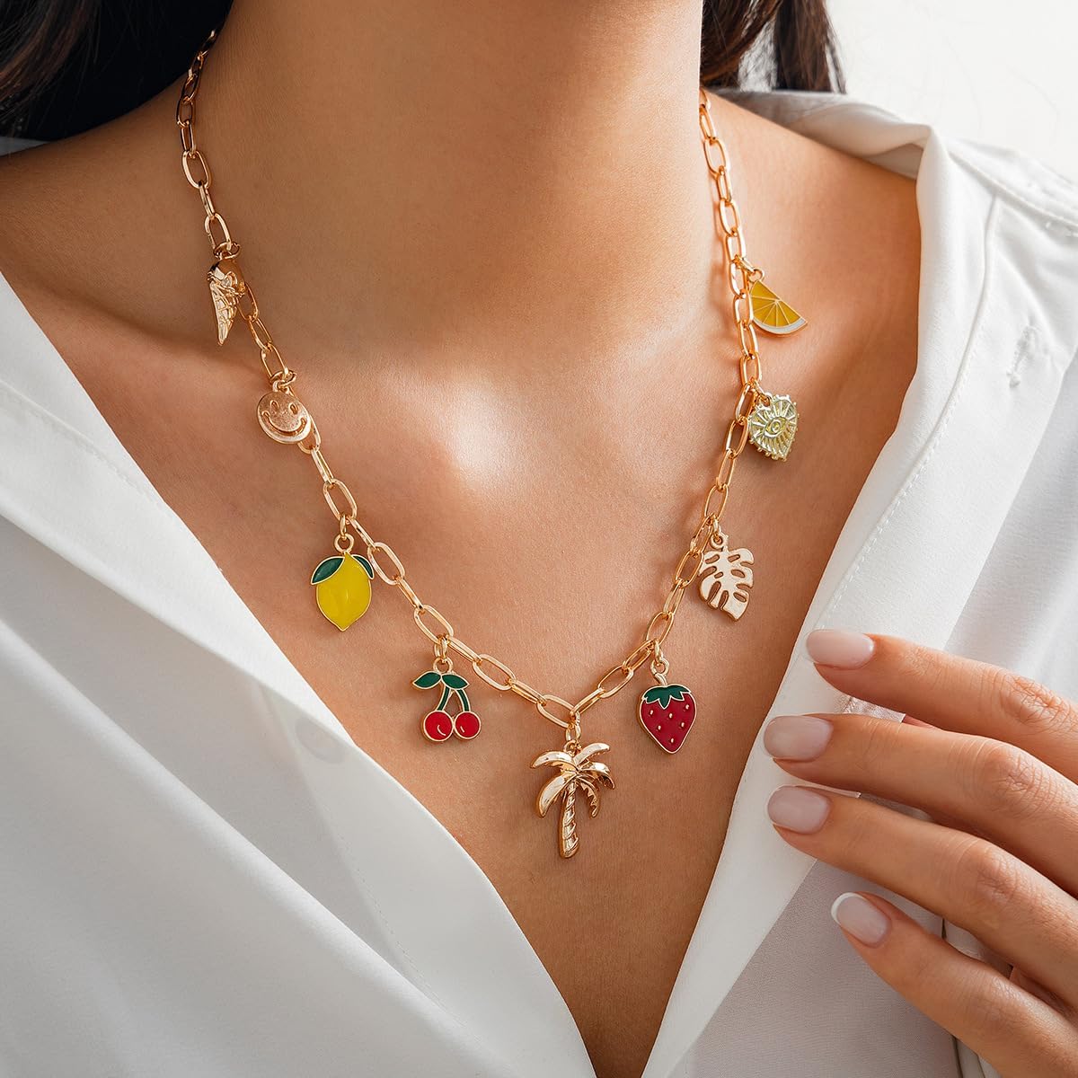 Bohemian Fruits Charm Necklace Gold Coconut Tree Pendant Necklace Cute Sweet Strawberry Cherry Mango Lemon Fruits Necklace for Women Trendy Summer Surfer Necklace Paperclip Chain Choker Necklace Stuffers Outfits Christmas Gift - Image 3