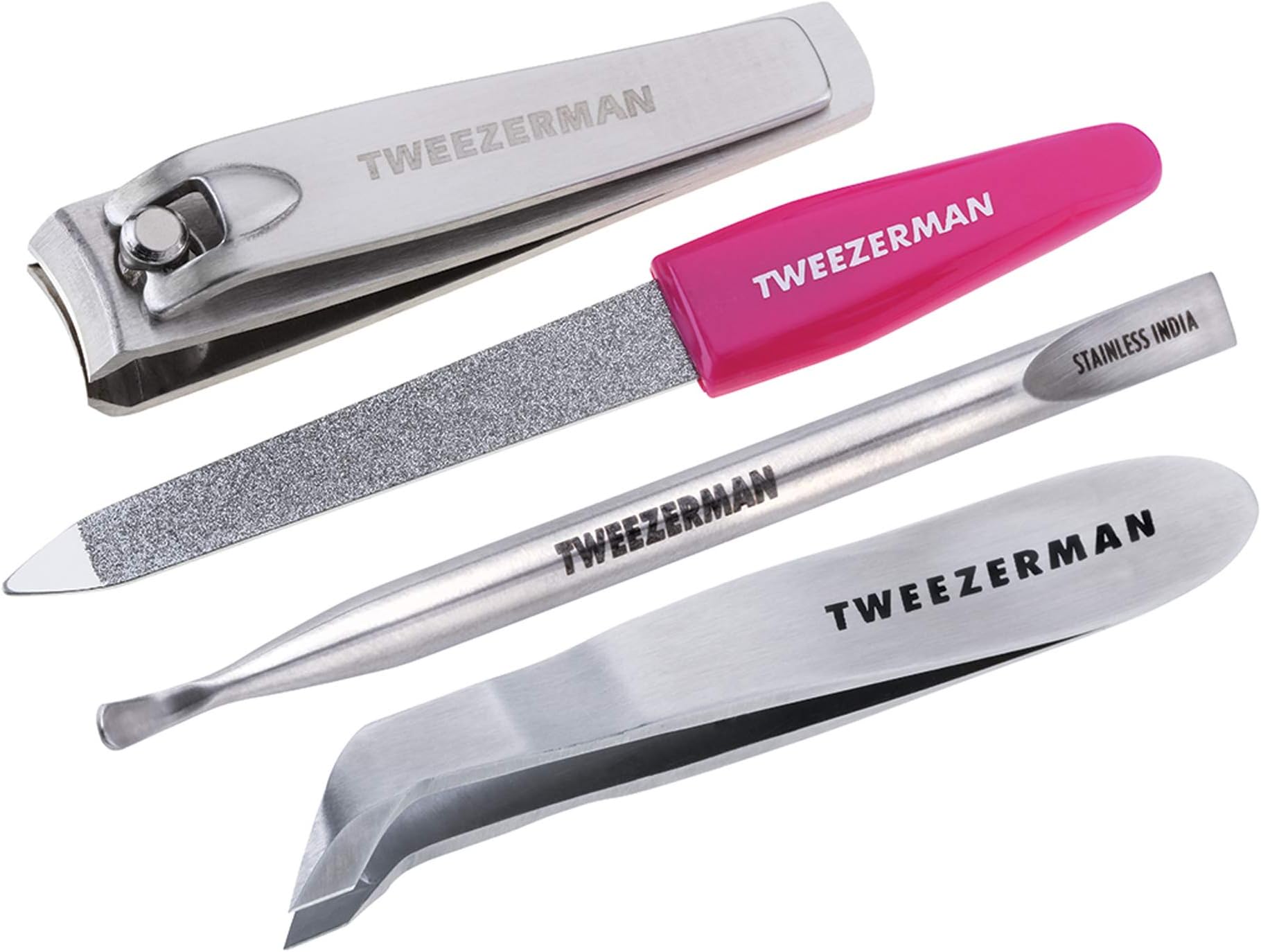 Tweezerman Mini Nail Rescue Kit, Manicure Set Includes Mini Fingernail Clipper, Pushy & Nail Cleaner, Cuticle Nipper, and Nail File, Travel Size Kit, (Set of 4)