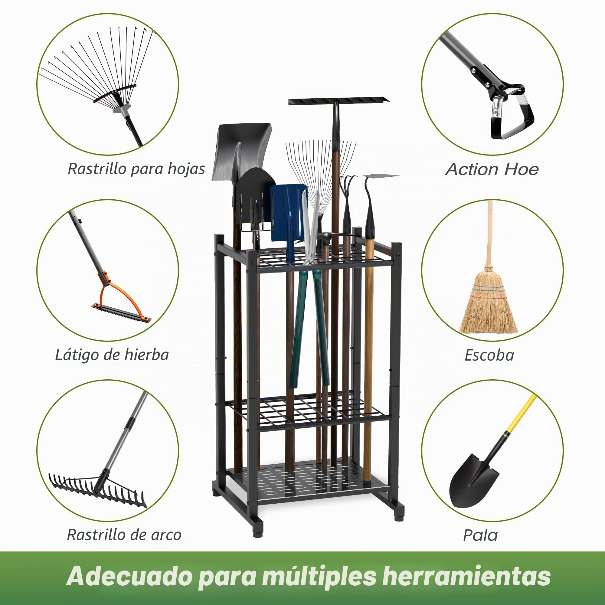 Organizador de herramientas de jardín, estante de torre de herramientas de patio para organización y almacenamiento de garaje, hasta 35 herramientas/rastrillos/escobas, soporte de acero resistente