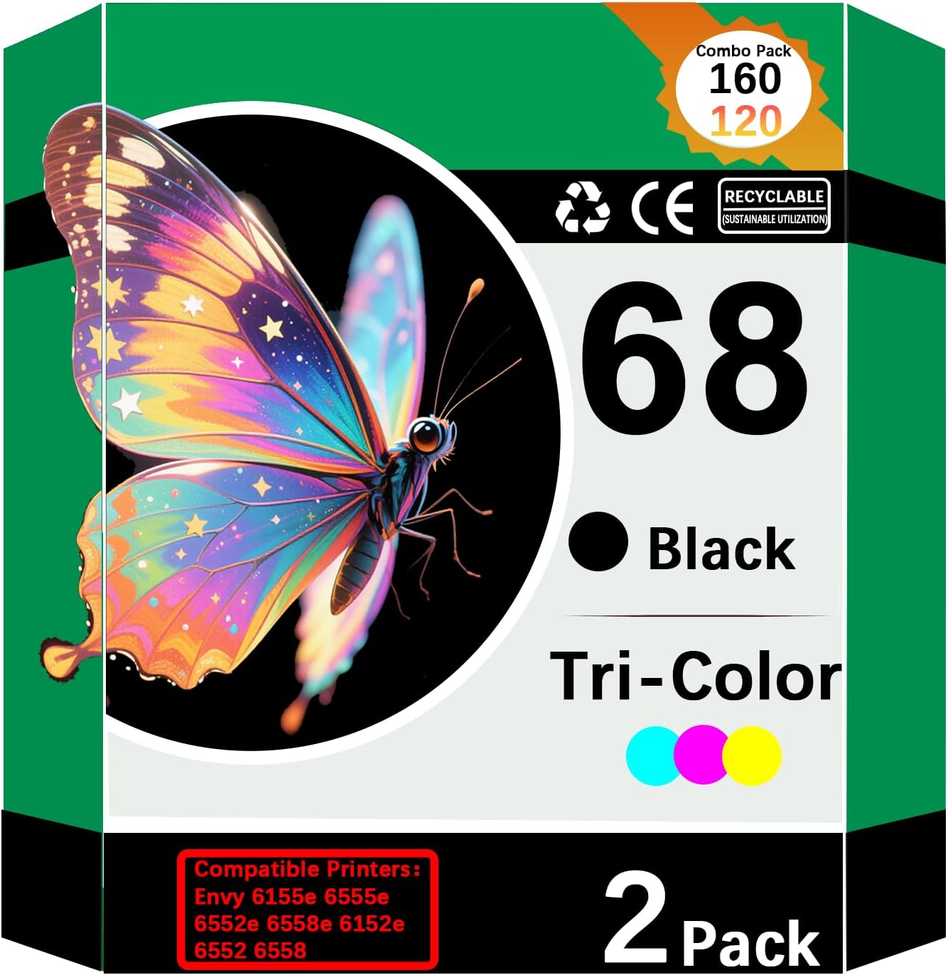 68 Ink Cartridges Replacement for 68 Ink Cartridges Black and Color Combo Pack Work for Envy 6155e, 6555e, 6552e, 6558e, 6152e,6552,6558,6152 e Printers (1 Black, 1 Tri-Color)