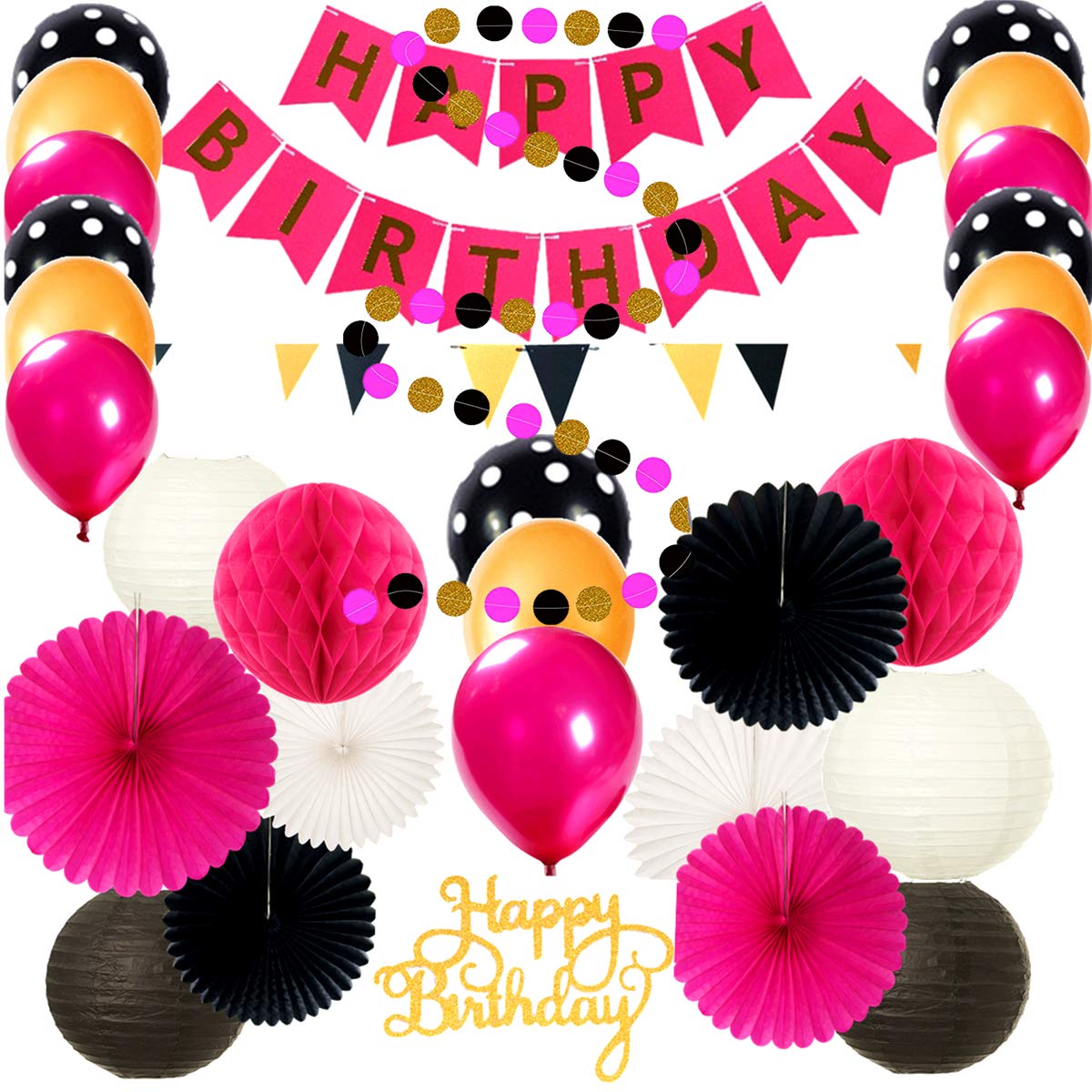 Inby 32pcs Hot Pink Black White Happy Birthday Baby Shower