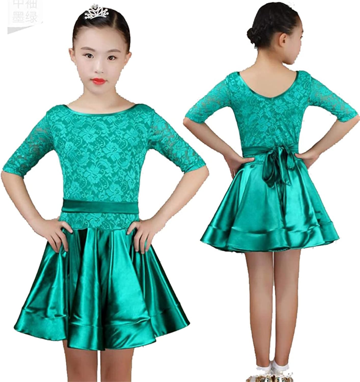 Girl Short Sleeve Latin Dance Dress Children's Ballroom Skirt Costumes Bright Satin