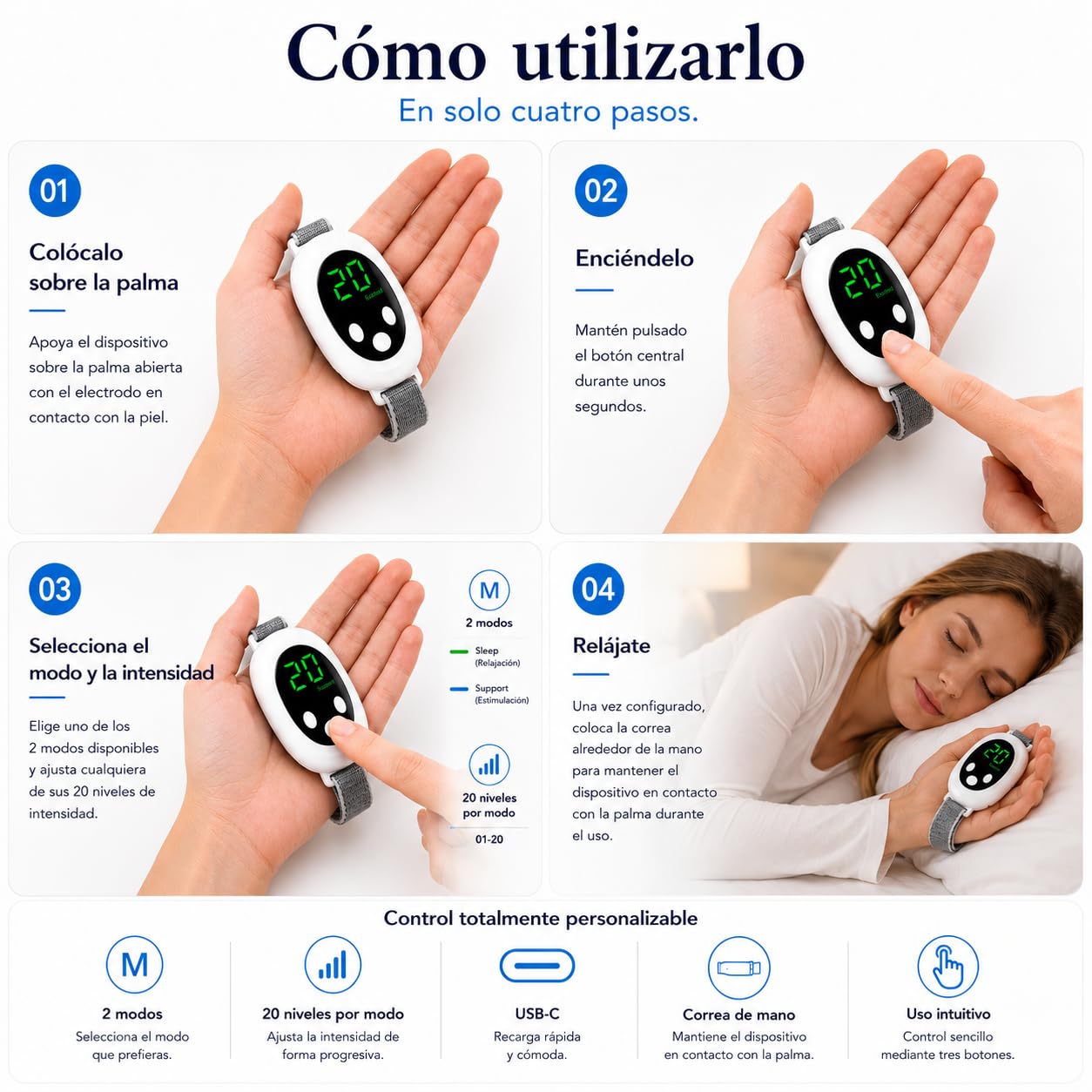 Dispositivo para Dormir y Relajarse, Masajeador de Mano EMS Antiestrés | 20 niveles de intensidad, modos Sleep y Excited, correa ajustable, autoapagado y formato portátil