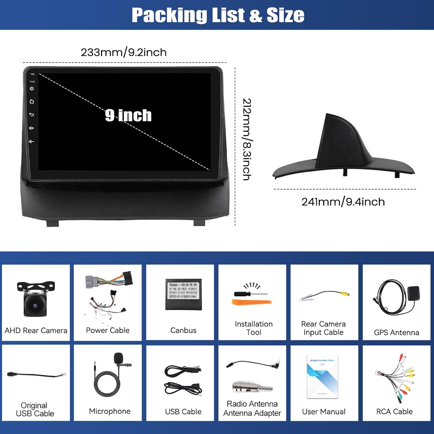 Diagram showing the packing list and dimensions of the car radio
