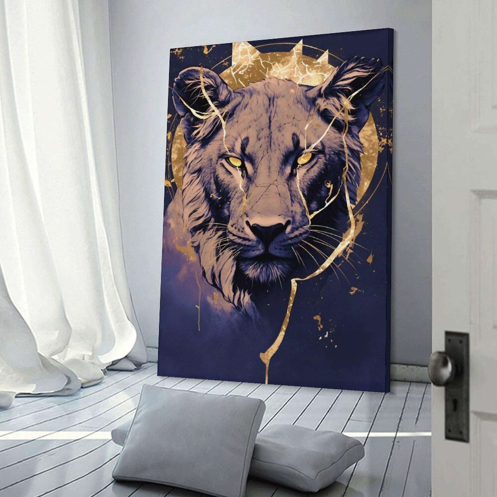 Junmoney Decorative Canvas Print Lioness Portrait with Golden Accents, 16x24inch(40x60cm), for Home Office, Desk Area Or Studio, Home Office Artwork with Decorative Appeal