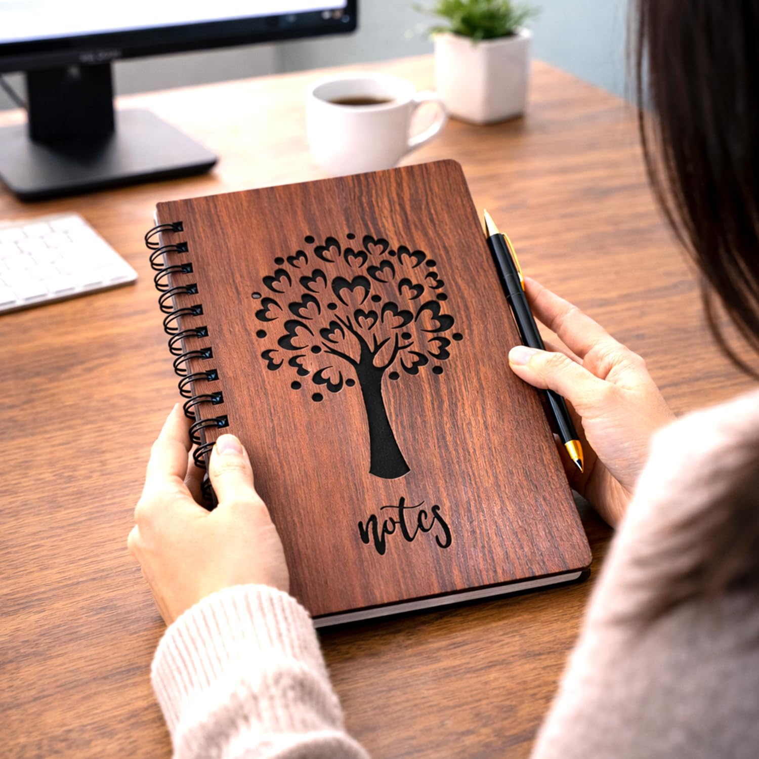 DSticker Wooden Spiral Notebook with Engraved Tree Design Hard
