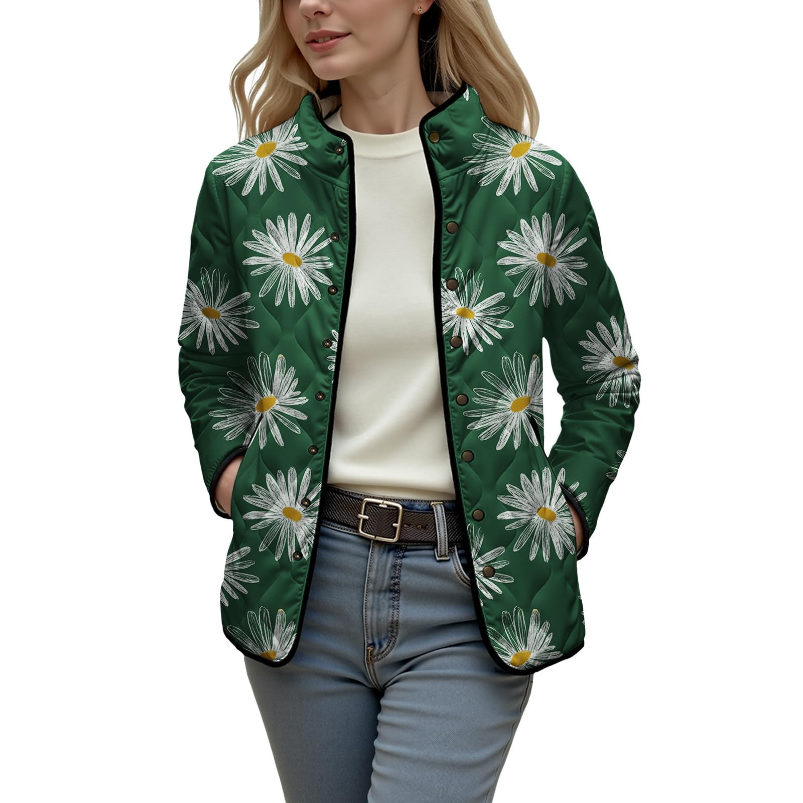 Quilted Jackets for Women Lightweight Button Down Puffer Jacket Trendy Daisy Print Fall Winter Coat with Pockets