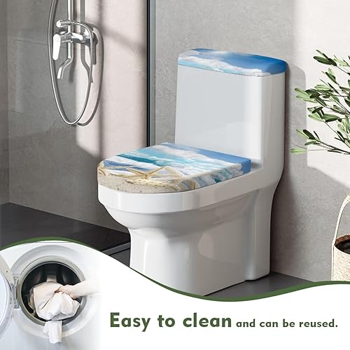 Miniatura 4 de Juego de 2 fundas para tapa de inodoro de playa y tapa de tanque de inodoro, juego de accesorios de baño con estrellas de mar cielo, funda