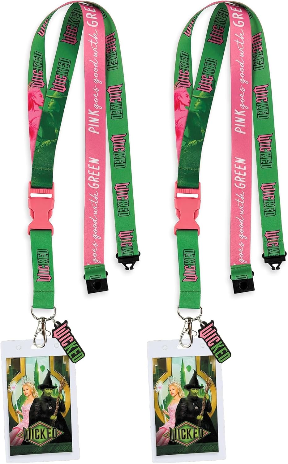 Wicked Brakeaway Lanyard Elphaba Glinda Badge ID Holder with 1 1/2" Rubber Charm (Pack of 2)