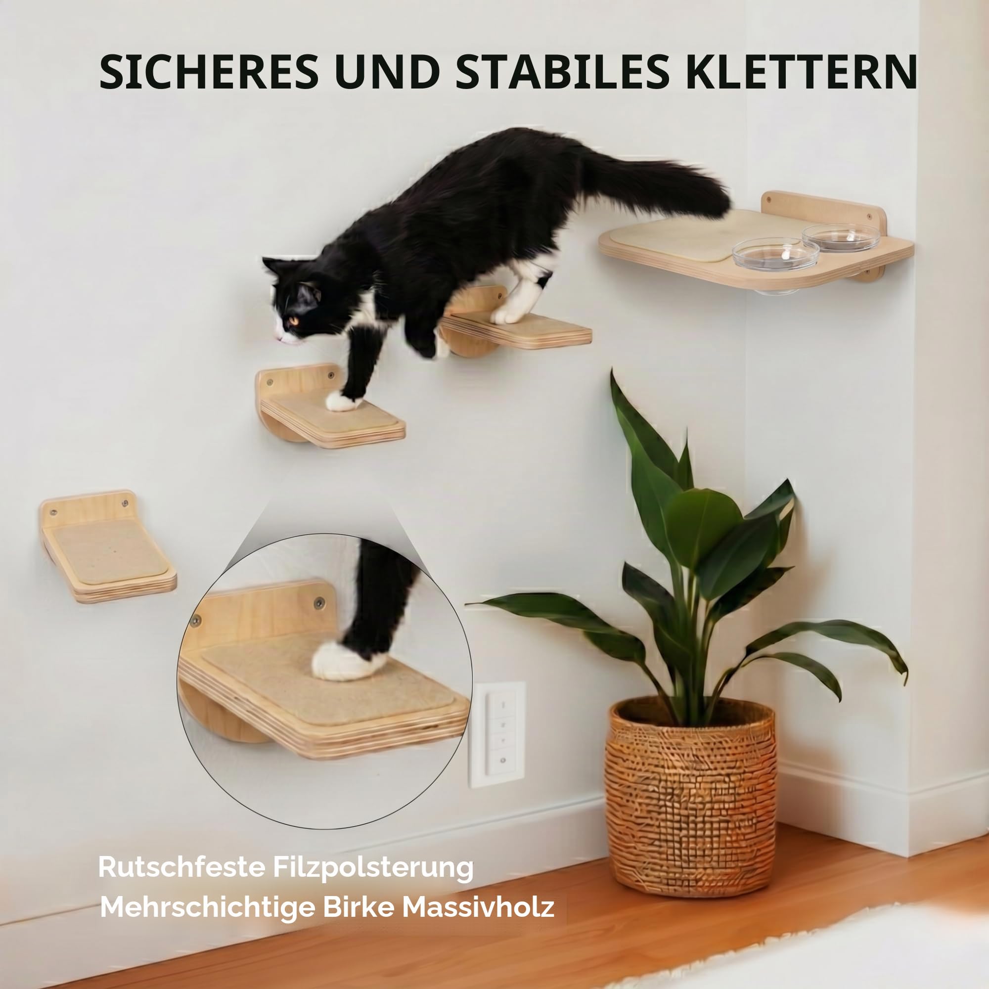 INICIO Katzenwandmöbel – Futterstation: Katzenwandregale & Stufen, Glasnäpfe, hundefest, modern, Birke, 3 Ebenen, 41,9 cm L x 32,5 cm B x 25,4 cm H