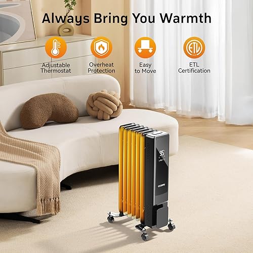 Miniatura 3 de Calentador radiante lleno de aceite, 1500 W, con control remoto, 7 aletas, con control remoto, 3 modos, termostato digital, temporizador de 24