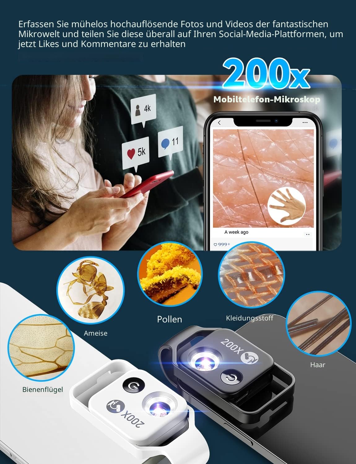 APEXEL 200X Mini-Mikroskop für Smartphone-Kamera, Taschengröße, Schwarz