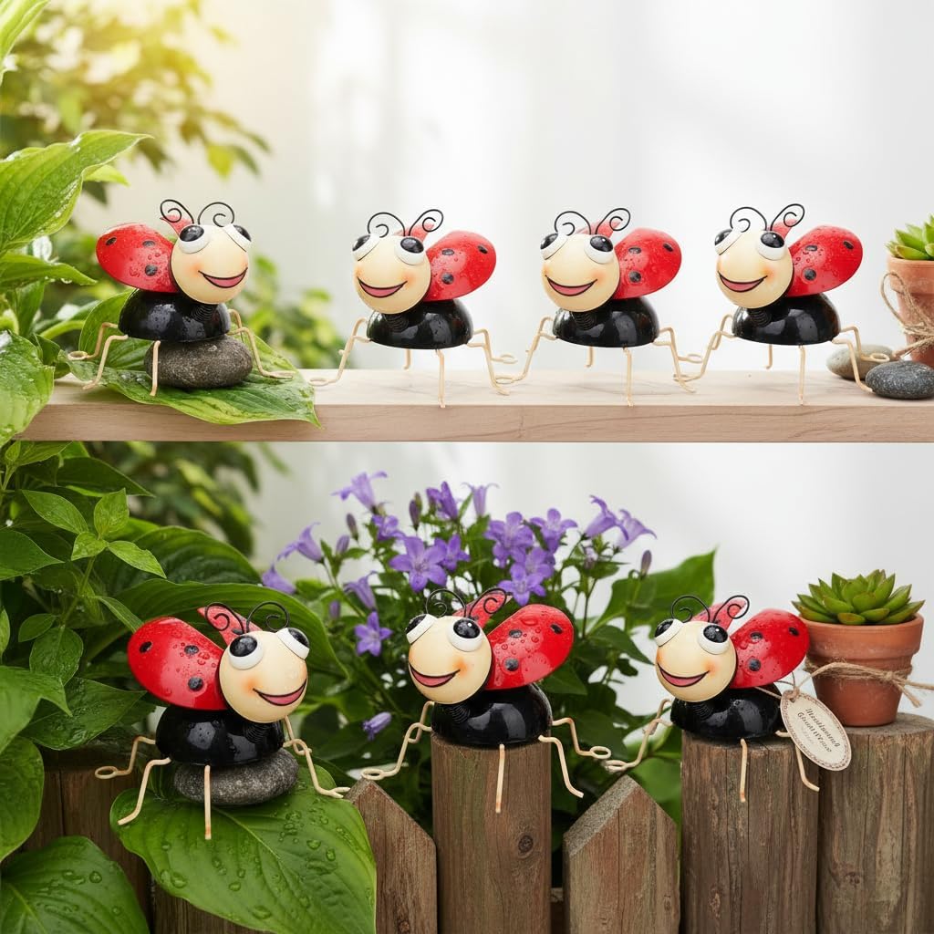 Cruis Cuka Metal Yard Art Garden Decor for Outside Cute Red Ladybugs Lawn Patio Ornaments Backyard Decorations Garden Gifts for Mom - Set of 4