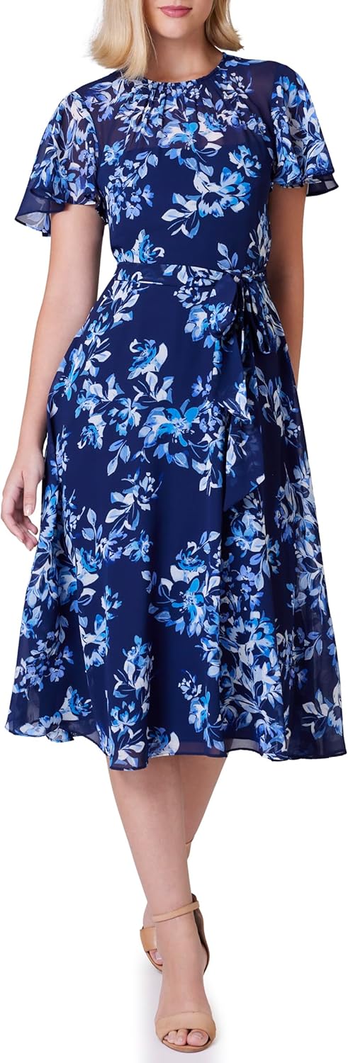 Jessica Howard Womens Flutter Sleeve Mesh Neck Floral Print Dress