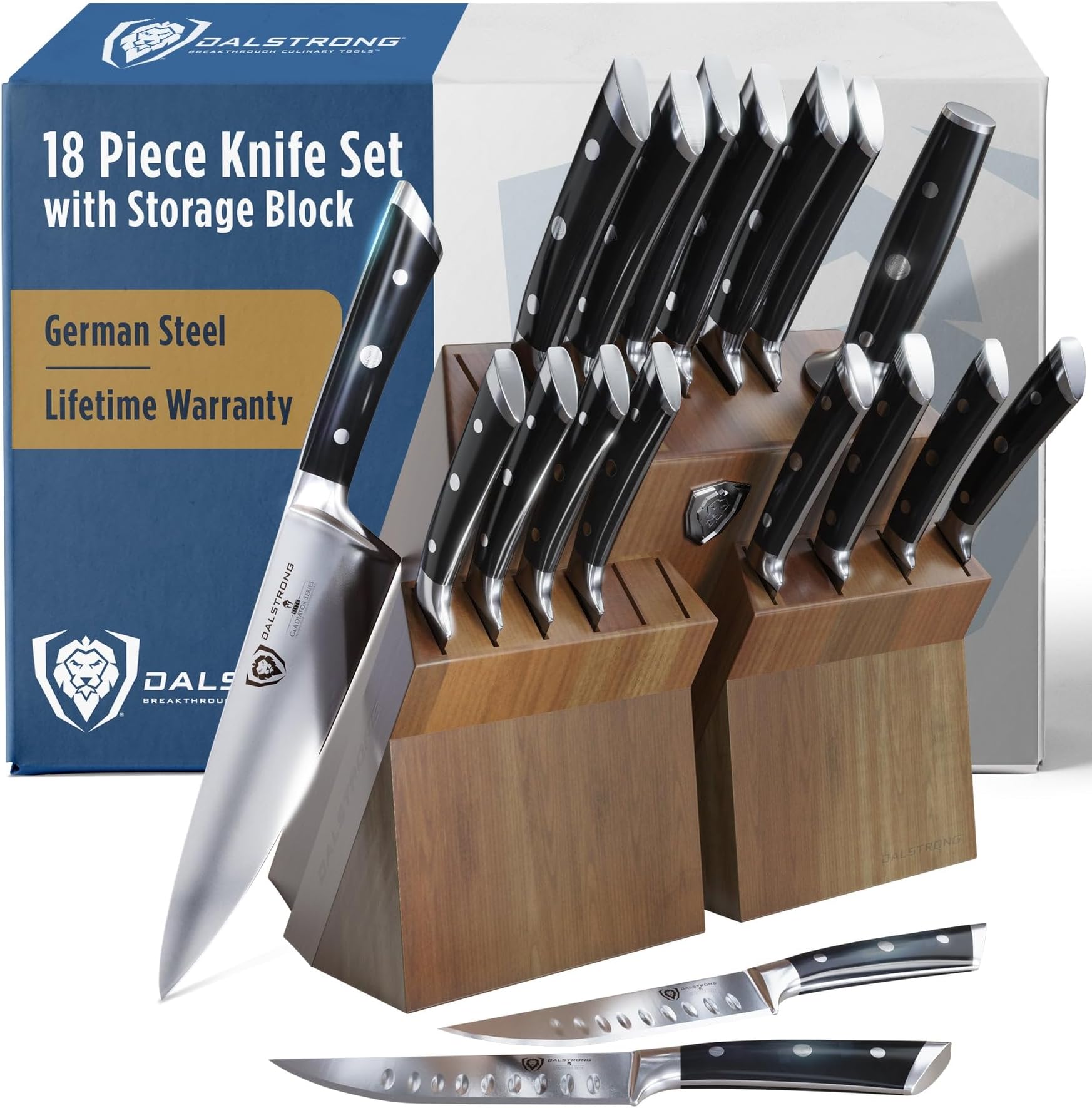 - 18-Piece Kitchen Knife Set Block - High Carbon German Steel Full Tang - Acacia Wood Knife Block Set - Black Handles ABS Gladiator Series - Professional NSF Knives set for Kitchen Cuchillos