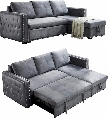 Ucloveria Sofá cama reversible para almacenamiento tumbona en forma de L sofá seccional 2 en 1 con cama extraíble gris delta 91 pulgadas gris oscuro