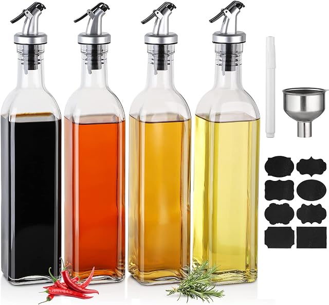 Oil Bottle - 500ml Glass Olive Oil Bottles Vinegar Dispenser Set BILIBUY 4-Pack Oil Dispenser Bottle for Cooking Kitchen Baking Salad with 4pcs Pour Spout 1pcs Funnel