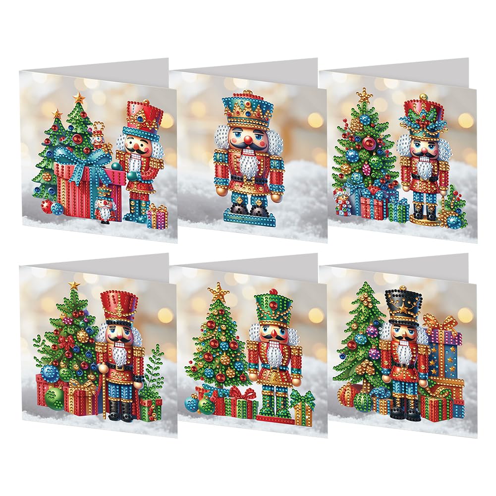6 Pack 5D DIY Diamond Painting Xmas Happy Birthday Greeting Card Kit, Diamond Art Nutcracker Birthday Holiday Greeting Card, Art Crafts Kit Creative