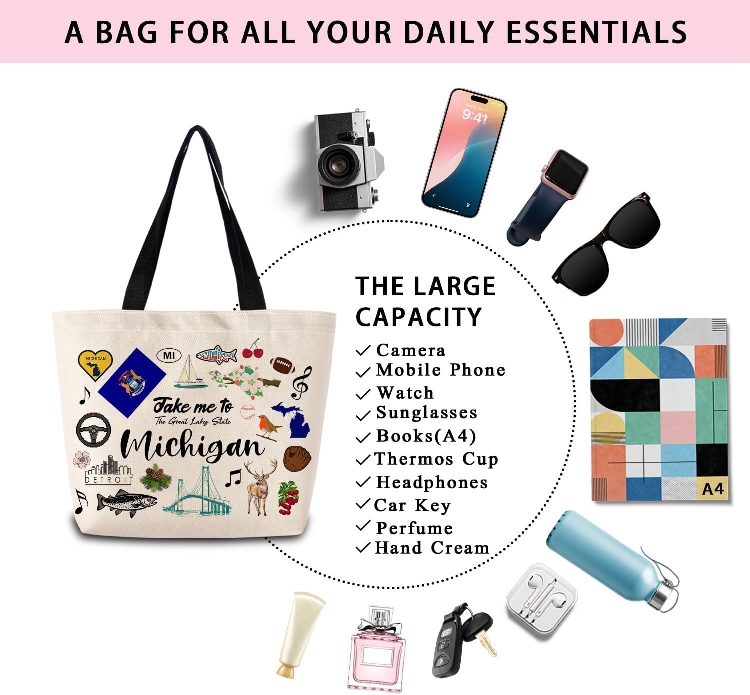 Take Me To Michigan Tote Bag Reusable Grocery Bags Aesthetic Shopping Shoulder Handbag with Interior Pocket Lightweight & Washable Stylish Michigan Travel Present for Women - Image 7