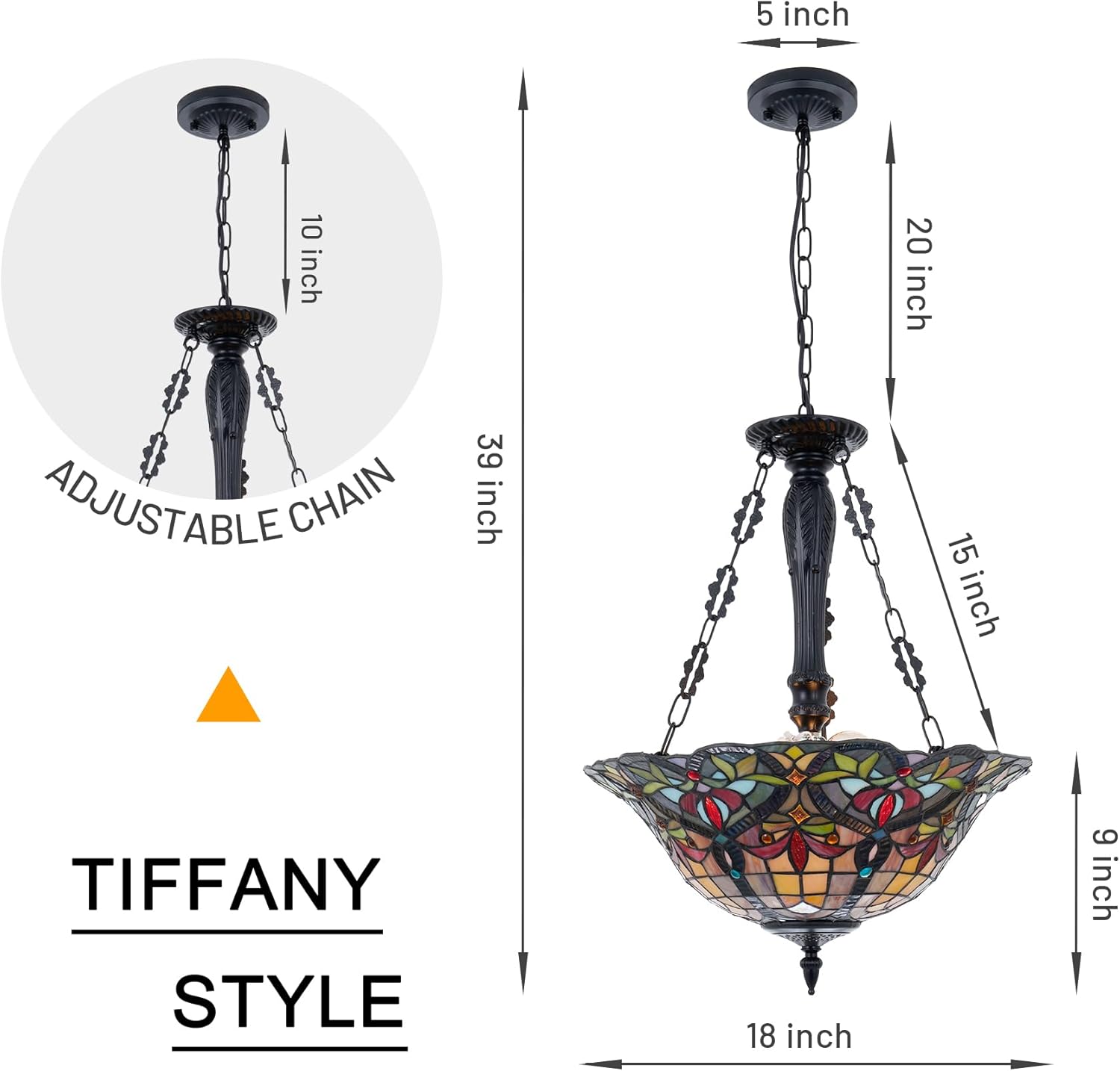 Vintage Pendant Light Fixture, 18'' Rustic Stained Glass Inverted Ceiling Lamp for Dining Room, 3 Lights Semi Flush Mount Pendant Light for Kitchen Living Room Bedroom Entryway