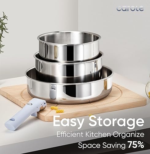 Miniatura 5 de CAROTE Sartén de acero inoxidable de 3 cuartos con tapa de pie, olla de acero inoxidable de tres capas con mango desmontable que se mantiene fresco,