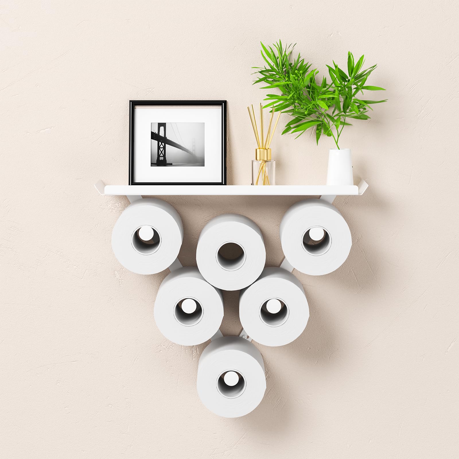 ZDDLOINP Toilet Paper Holder with Top Shelf, Wall Mounted Toilet Roll Holder Storage for Extra 12 Rolls, Metal Toilet Tissue Holder for Bathroom White