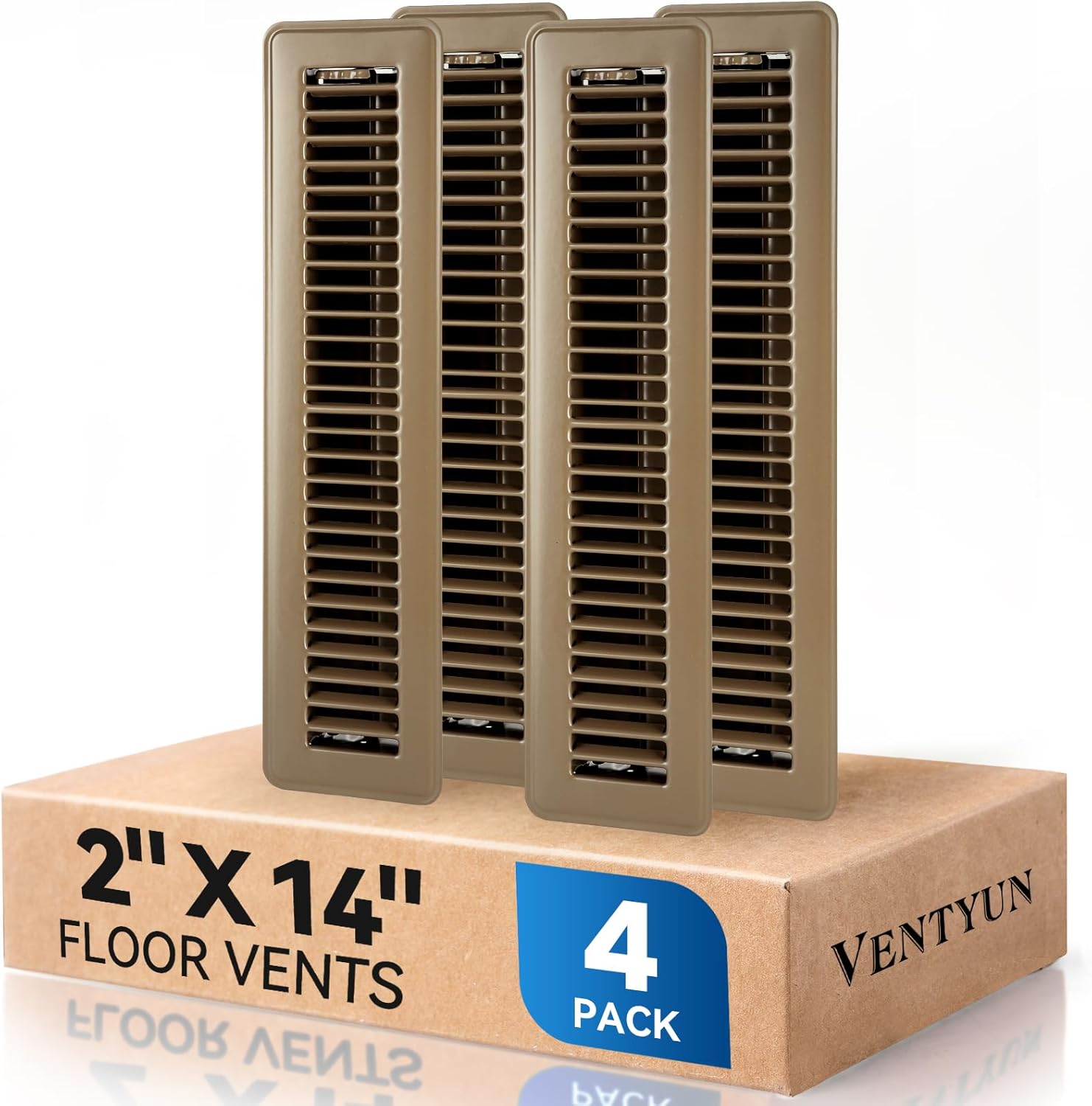 2" x 14" Floor Register Vent Covers 4-Pack, Walkable Powder-Coated Metal Vent Covers with Adjustable Airflow, Curved Safe Edges for Floor/Wall, Brown