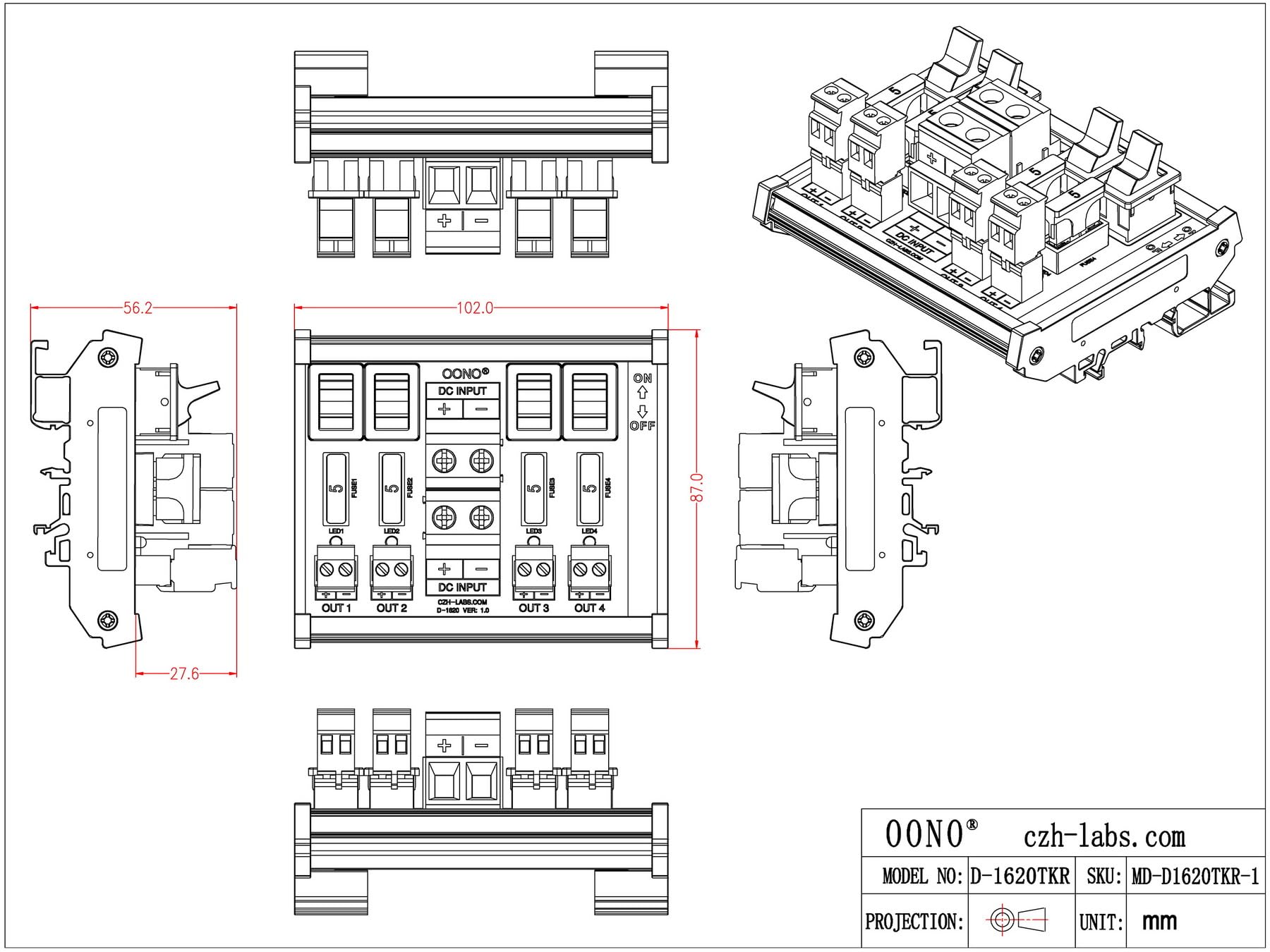 DC 52 Amp 8 Channel Power Distribution Module, Rocker Switch, Fused, Pluggable Top Wiring
