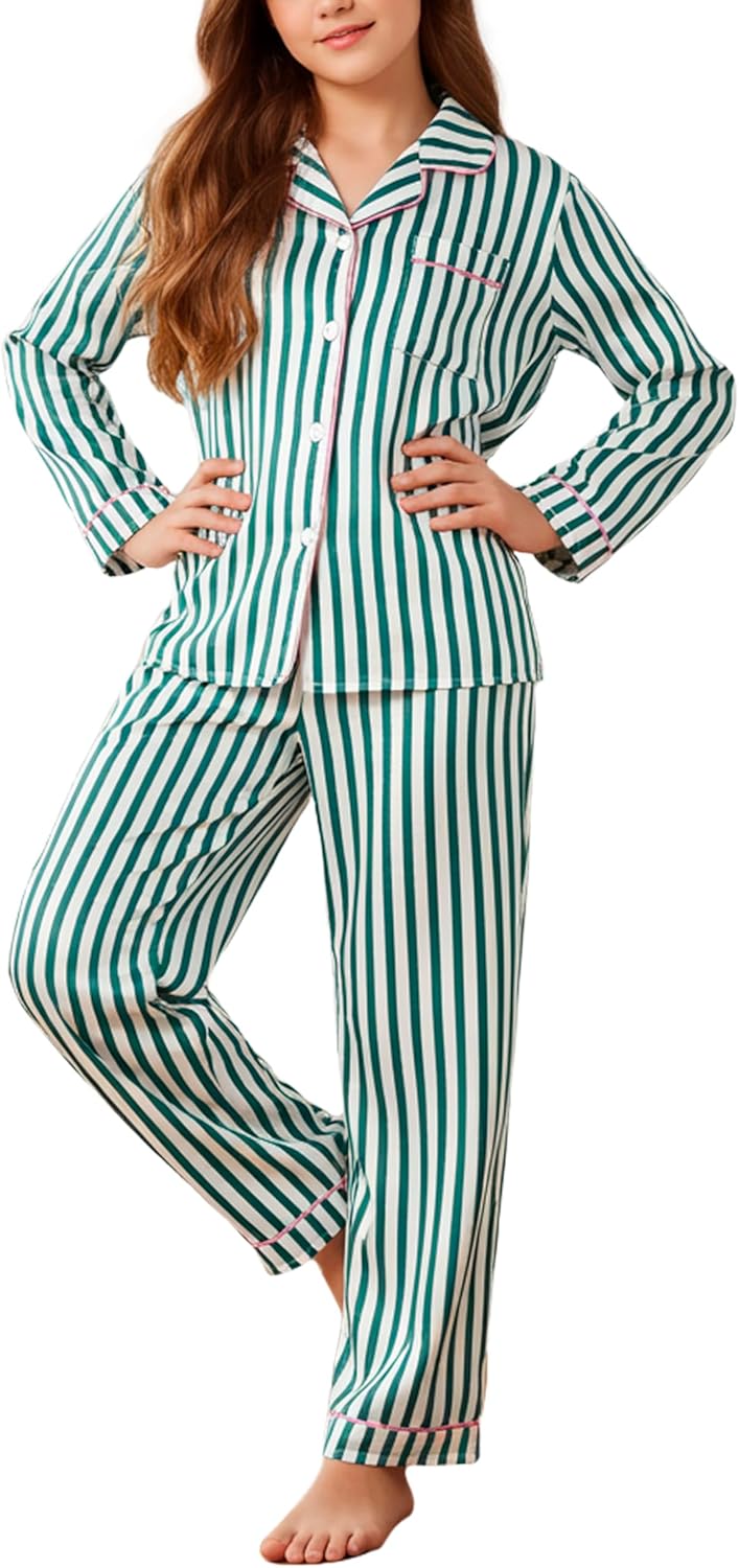 PATPAT Girls Satin Pajama Set - Silky Long Sleeve Sleepwear for Kids with Bag,Ages 5-14 Years