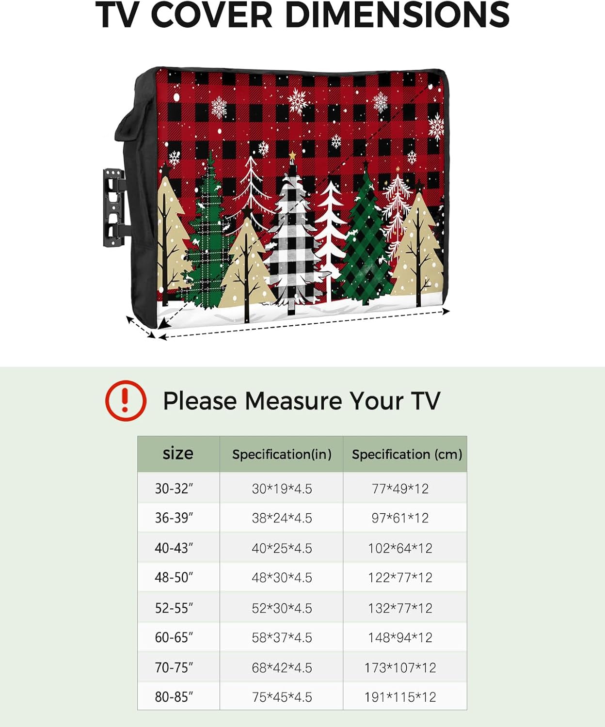 Outdoor TV Cover - Christmas Tree Winter Snowflake Red Black Plaid Waterproof and Weatherproof 36"-39" LCD Movable Shield TV Display Screen Protector Outside Television Covers