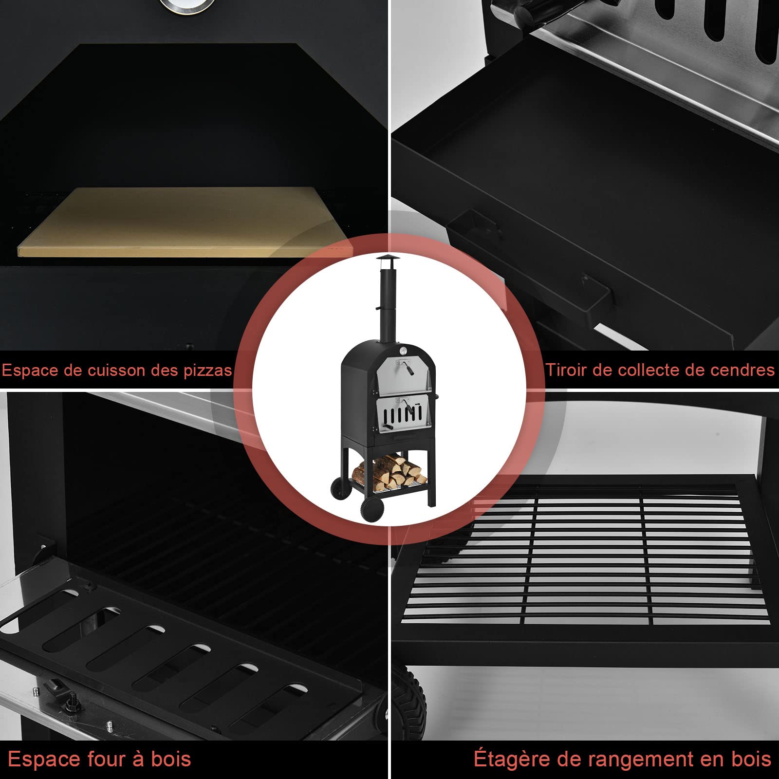 COSTWAY Four à Pizza Extérieur au Charbon, Mobile avec Pelle, Pierre, Housse, Gants, Brosse, 5 Support, Couteau Cheminée et Thermomètre Double, Noir