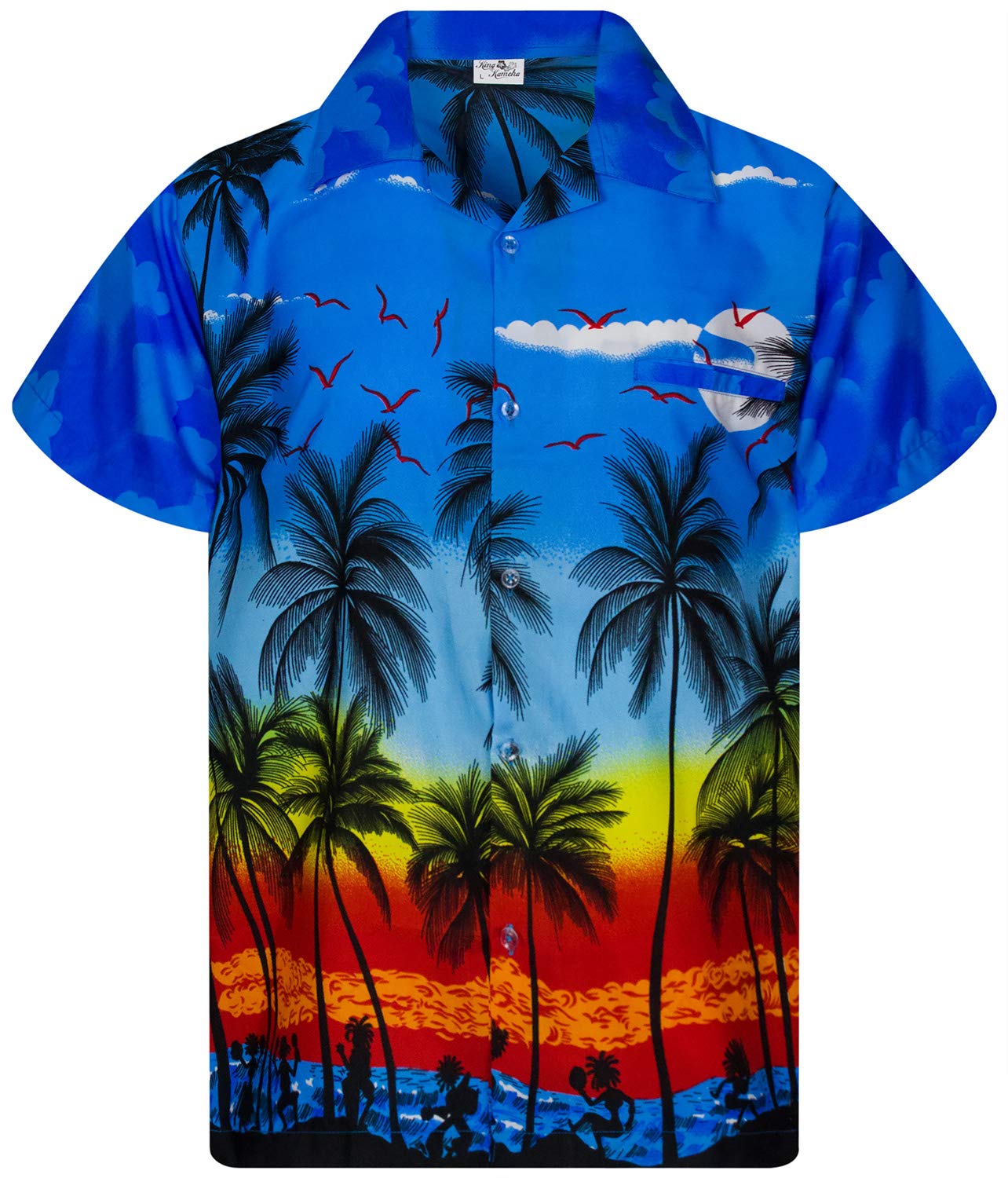 King Kameha Funky - Camisa Hawaiana para niños, niñas, Manga Corta, Bolsillo Frontal, Estampado Hawaiano, Unisex, Estampado de Palmeras de Playa
