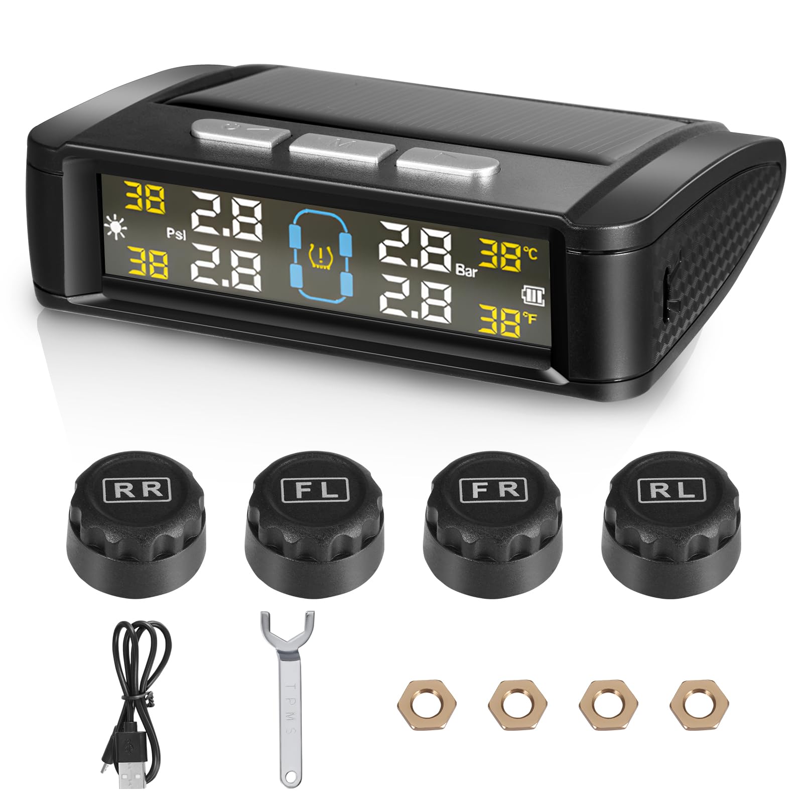 TPMS - Sistema di controllo della pressione degli pneumatici, 4 x sensore di pressione degli pneumatici, senza fili, a energia solare, USB, con display LCD, gamma di pressione: 0-6 bar, per