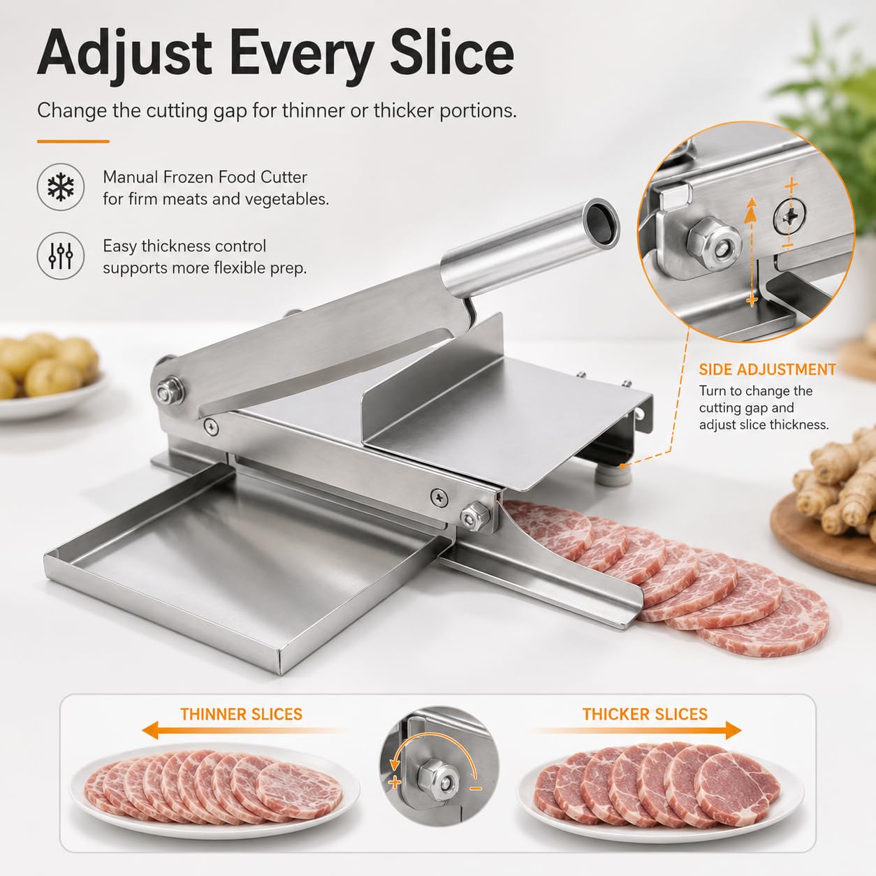 Cortador de carne con grosor ajustable y palanca de 35 cm, diseño compacto con bandeja de recogida para una preparación eficiente de alimentos
