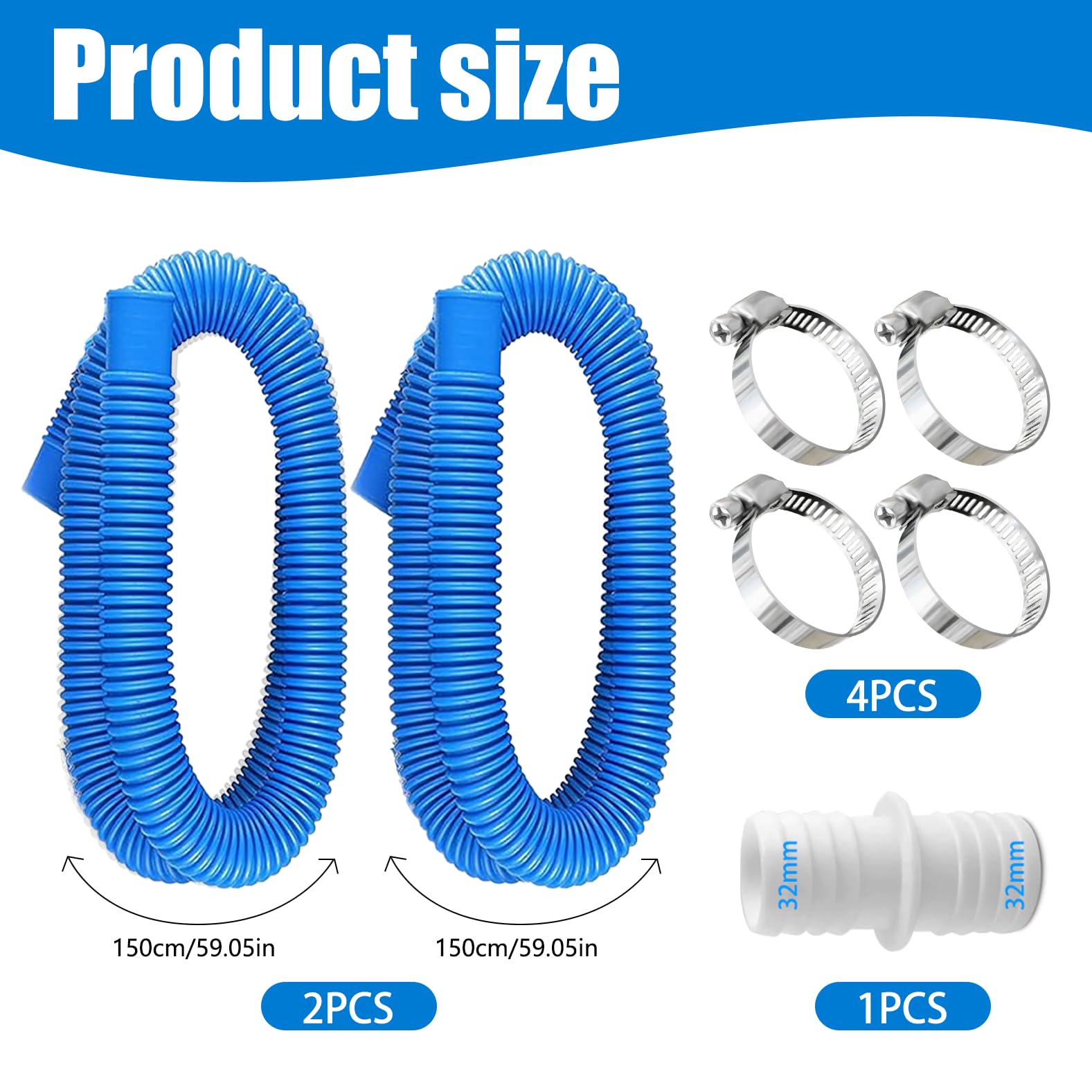 2 mangueras de piscina de 32 mm (azules) para bombas – incluye 4 clips de seguridad y 1 conector – ideal para bombas de filtro, limpiadores y calentadores de piscina