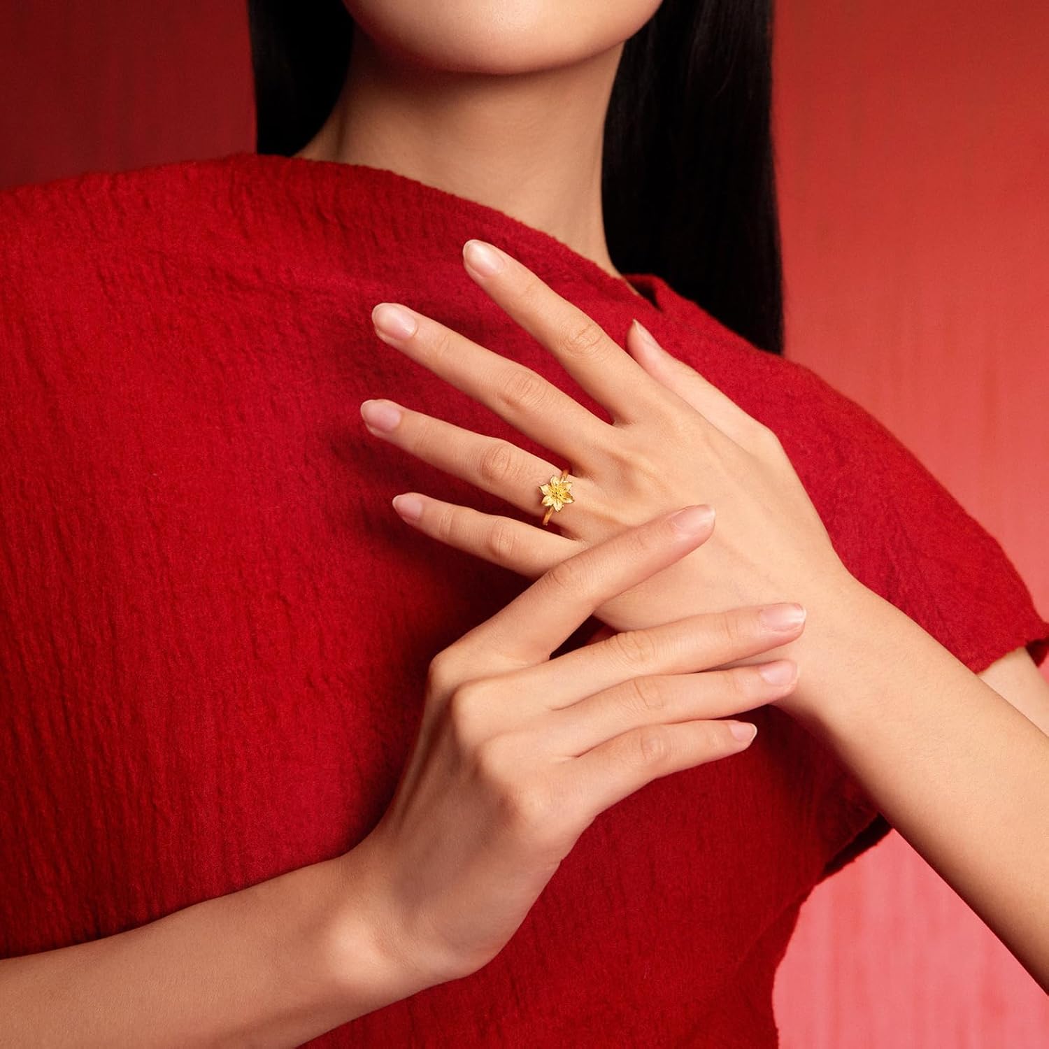 24K Solid Gold Flower Rings Pure Gold Floral Ring Stackable Band Fashion Jewelry for Women Bride Mother Gifts Wedding Birthday Anniversary Size 10-16 A0222059